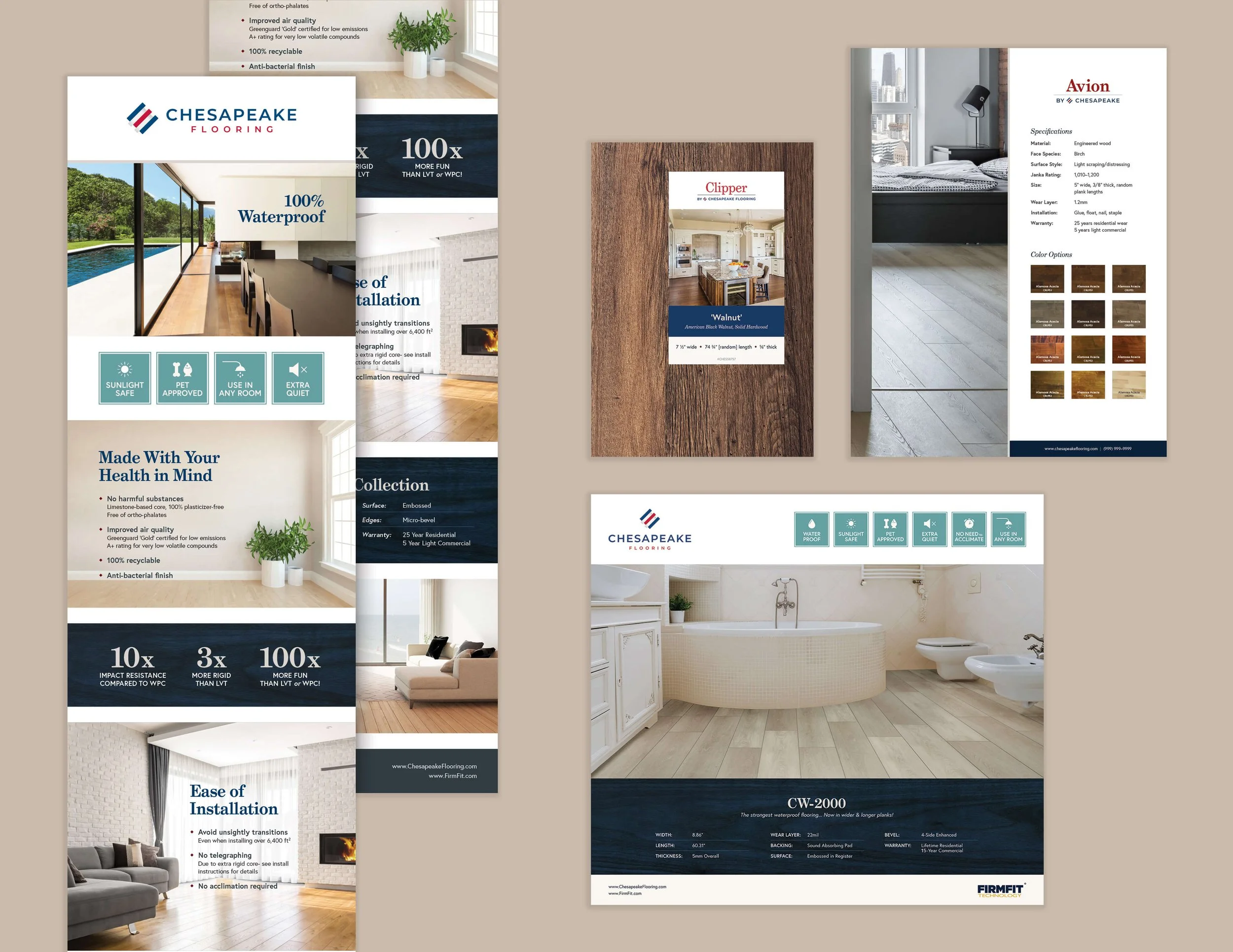 Compilation of Chesapeake Flooring sellsheets, labels, posters, and stickers