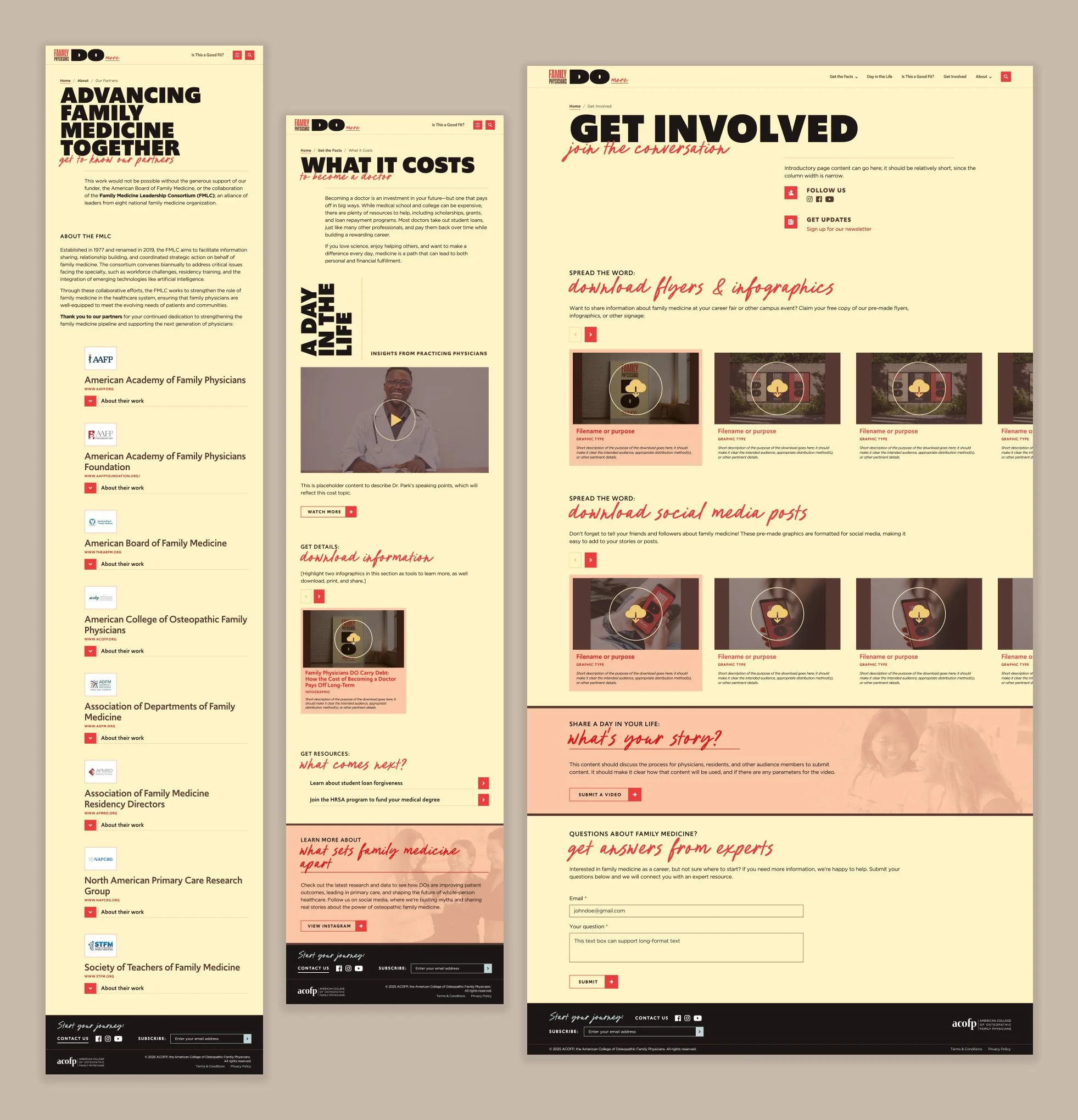 A grouping of webpages from the Family Medicine site, showing various next steps: partner websites, downloads, social media, and more.