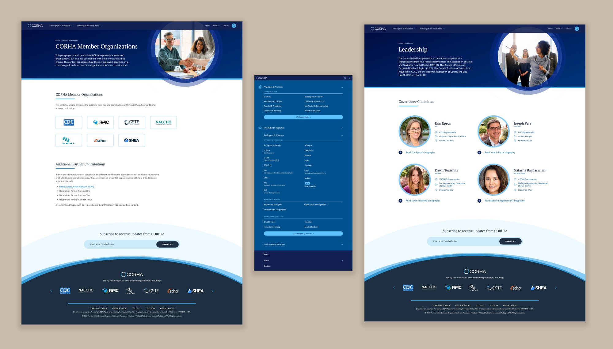 Other views of the CORHA website, including the partner page, leadership page, and the tablet navigation menu.
