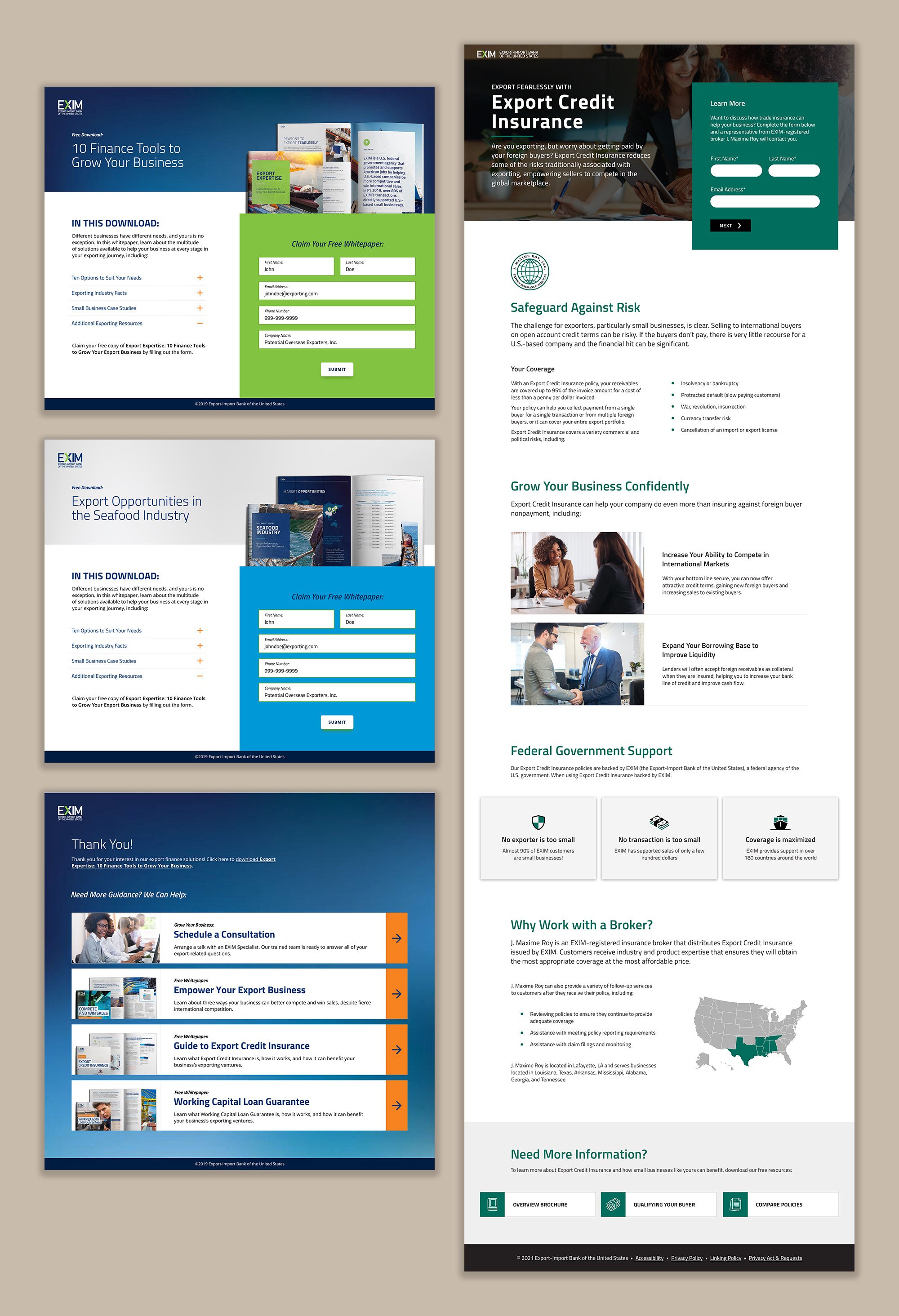 A grid of lead-generating webpage designs, including gated content and broker-dealer conversion page