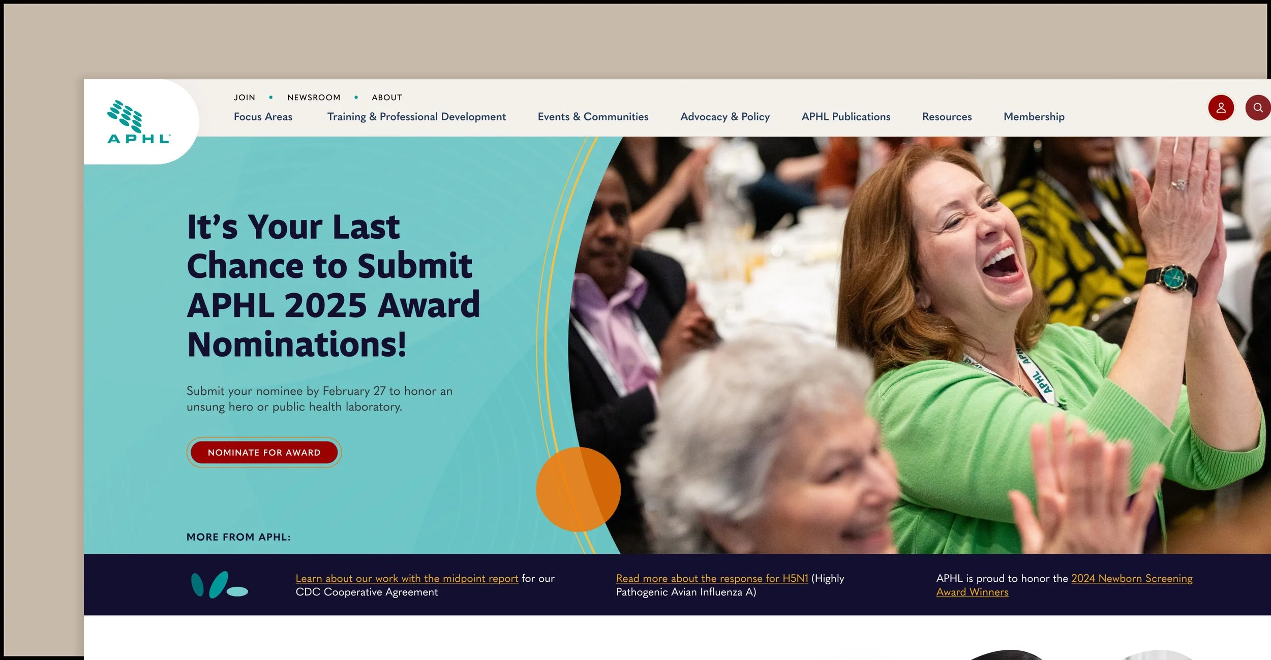 A screenshot of the newly designed APHL website homepage, which features rounded elements, warm colors, and informal typography to create a friendly look and feel.