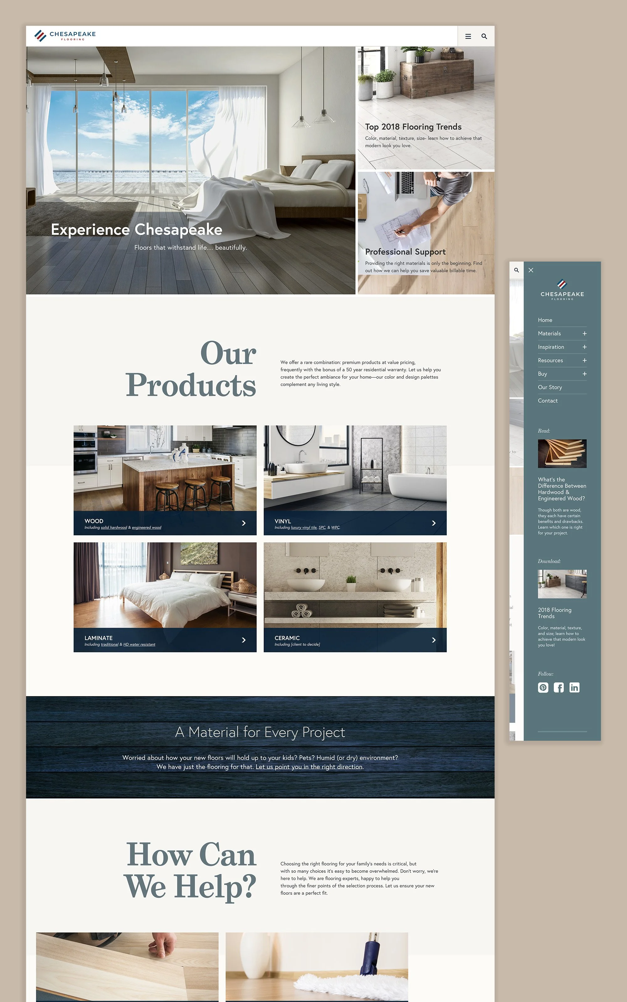 High-level view of the Chesapeake Flooring homepage at desktop and mobile size