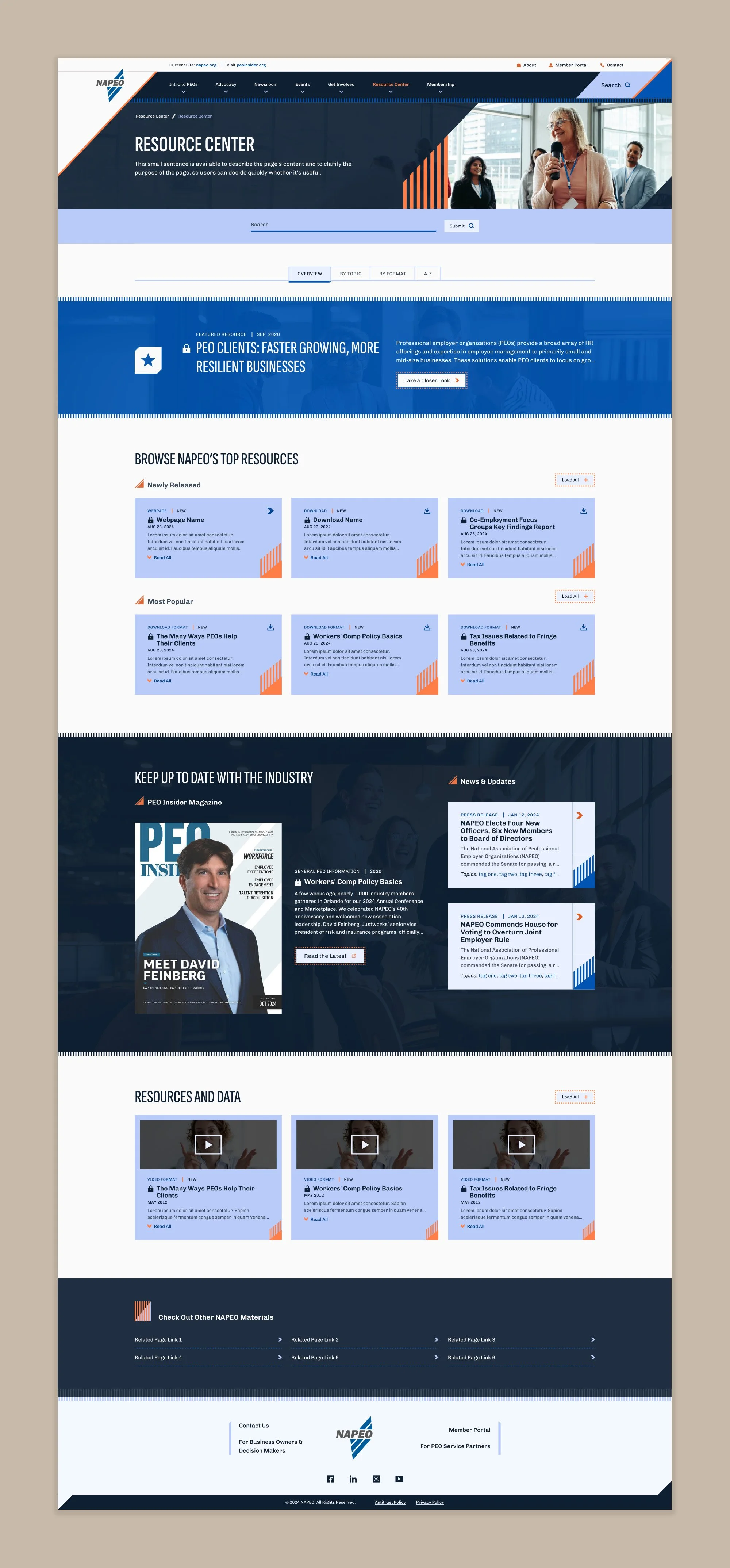 An overview of the NAPEO website's resource center custom content