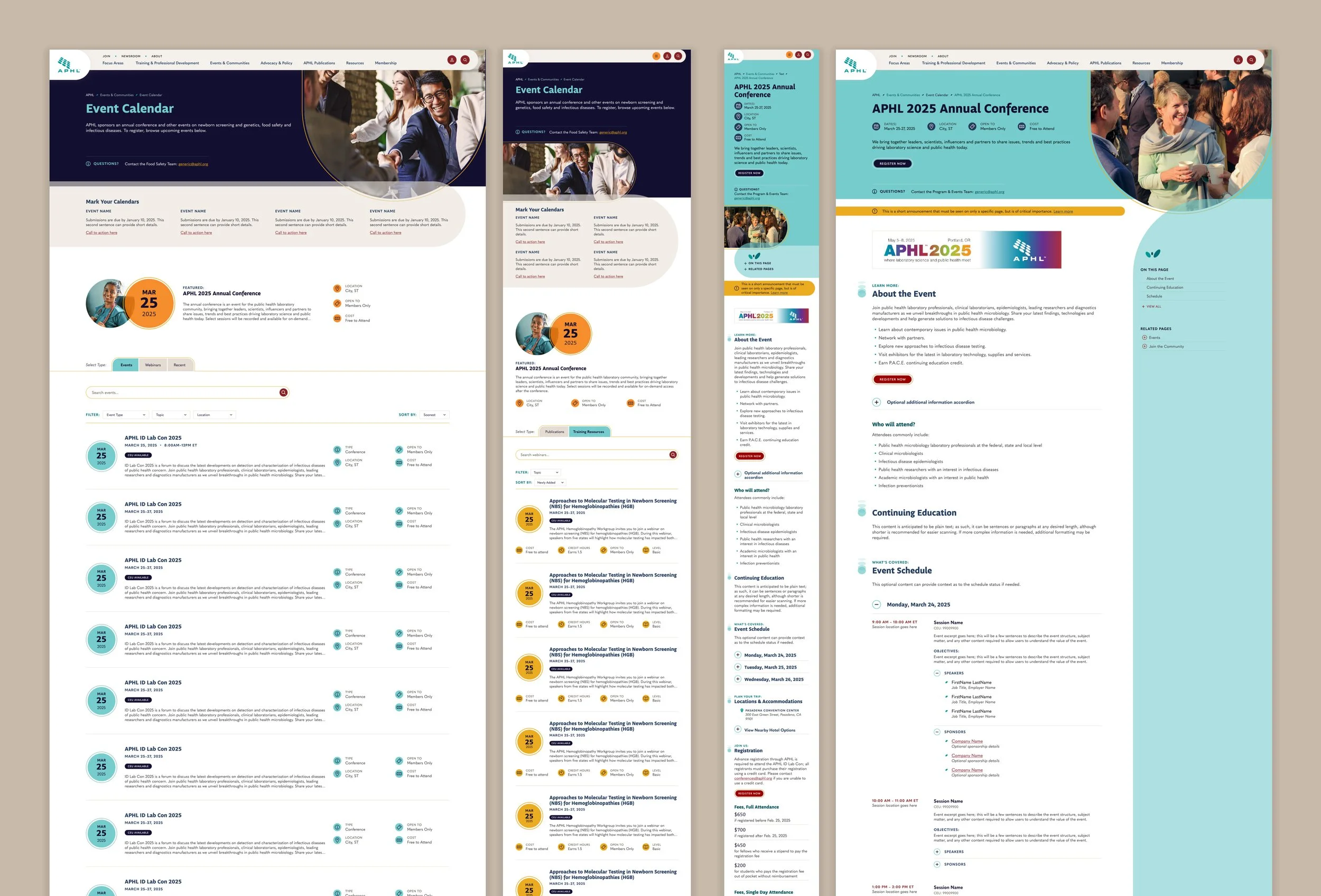 A grid showing the APHL event calendar and the event detail page