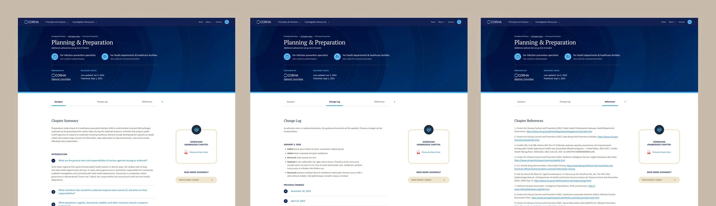 Three side-by-side views of CORHA's documentation, illustrating the synopsis, change log, and references sections.