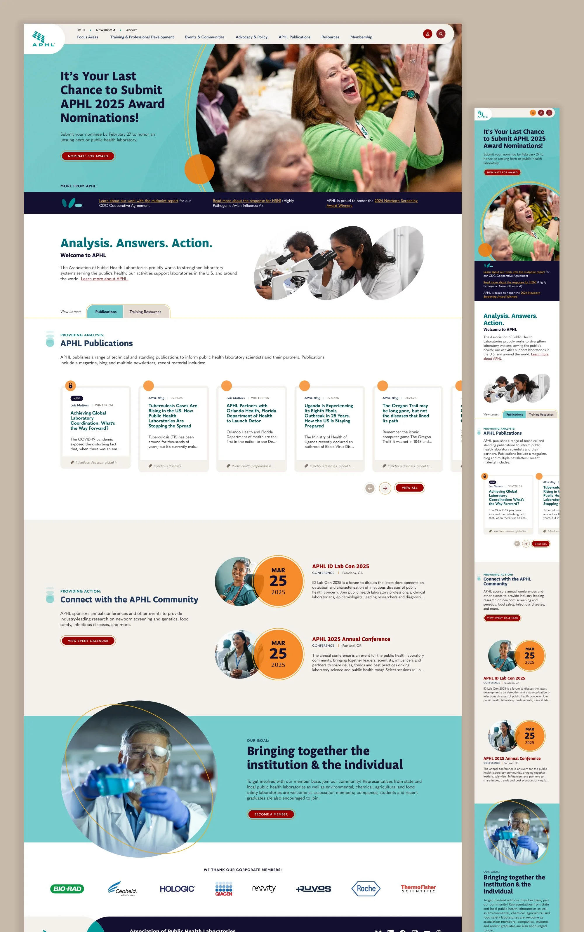 A grid showing the APHL homepage, in desktop and mobile size