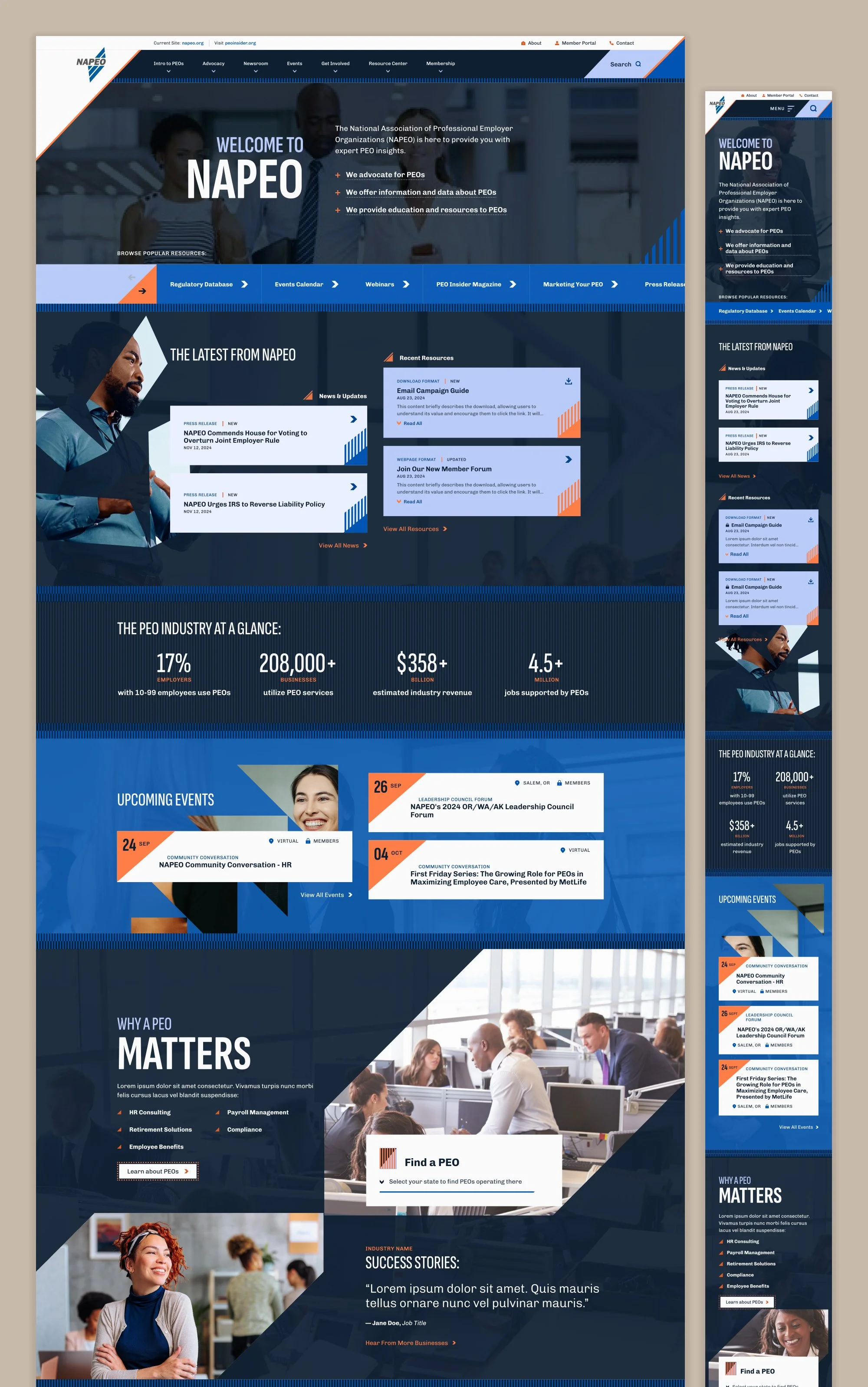 A high-level view of the NAPEO website's homepage, in desktop and mobile sizes.