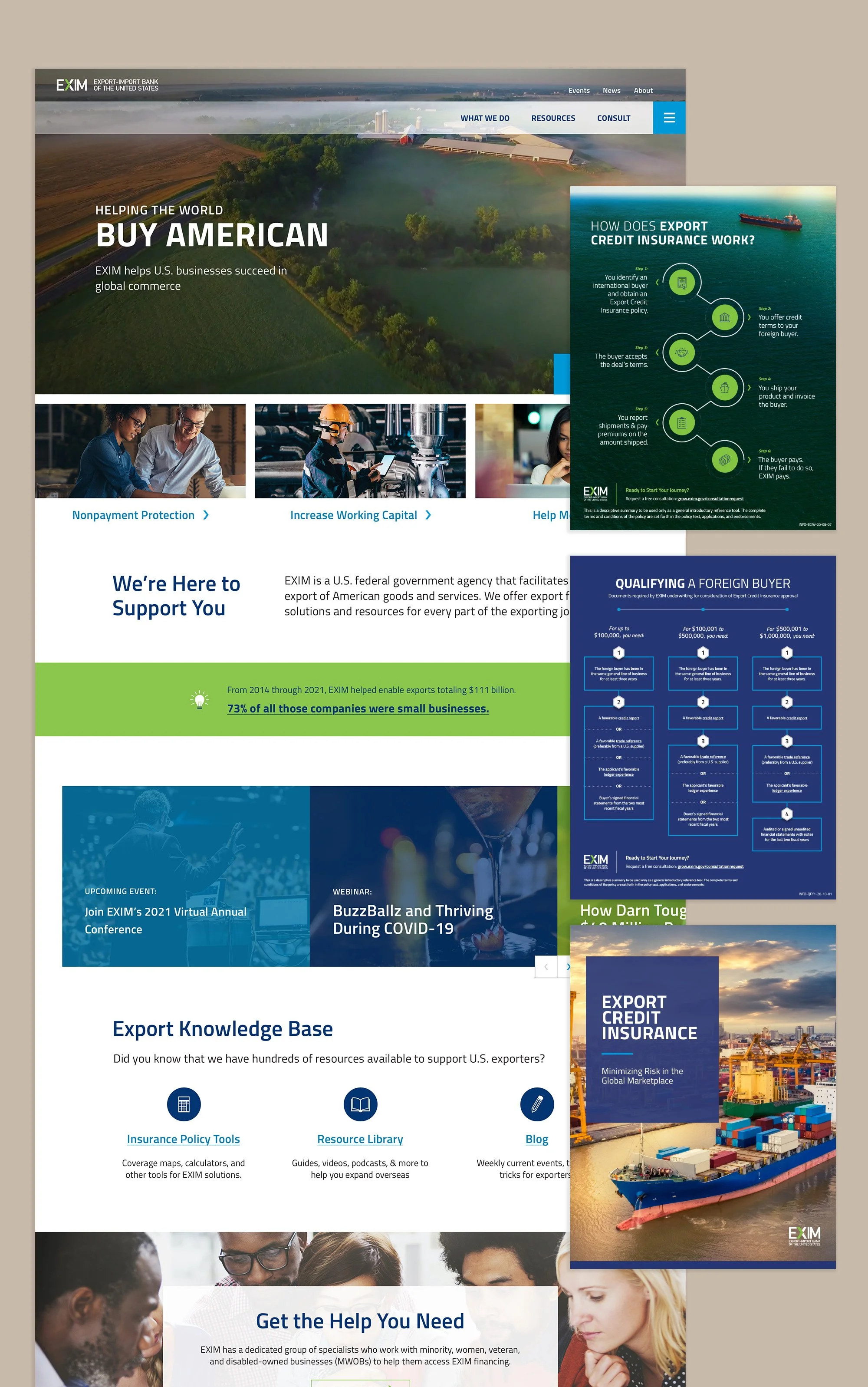 A grid of the EXIM website homepage and three documented used in marketing campaigns
