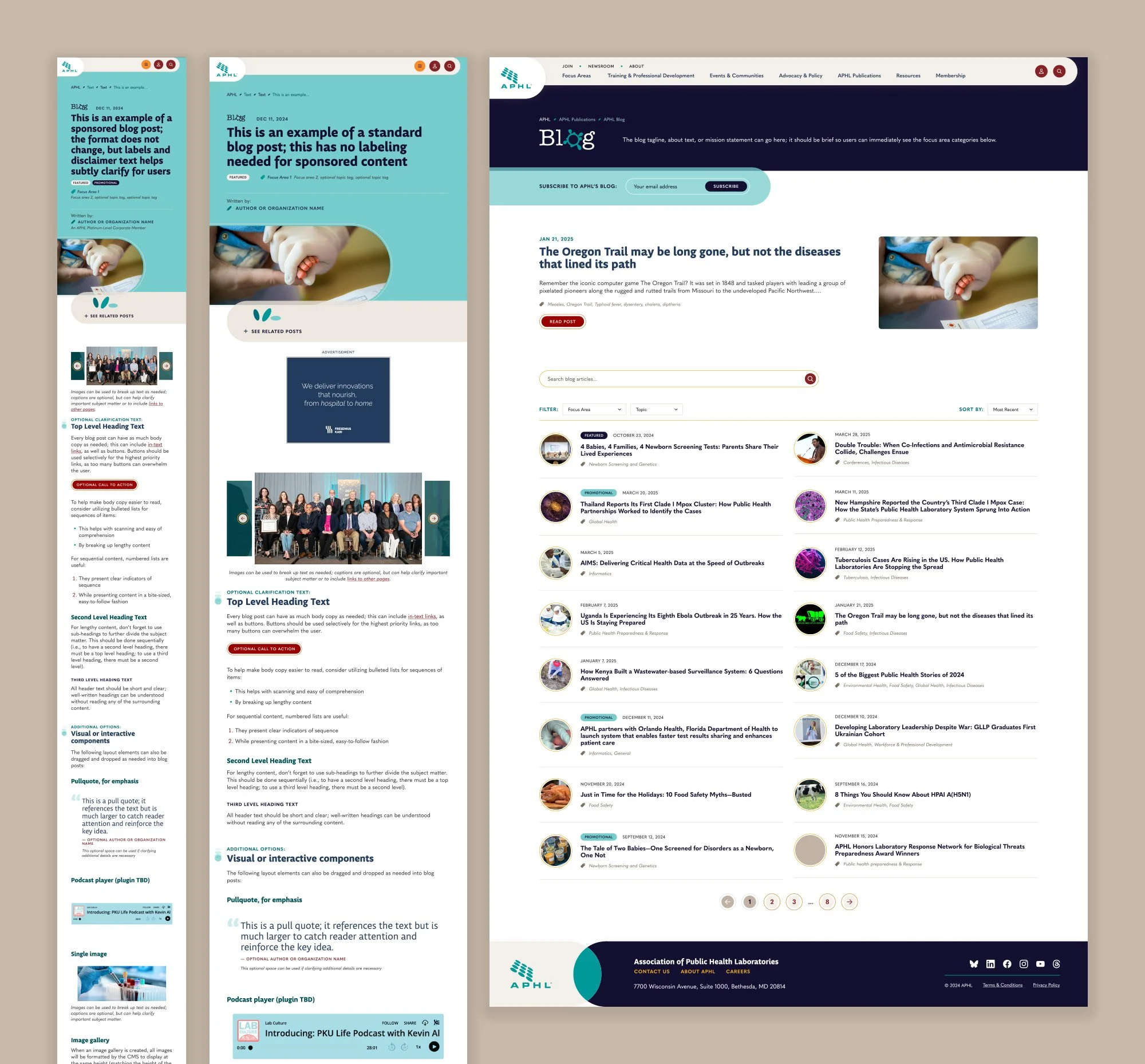 A view of the APHL blog homepage, a standard blog post, and a blog post with an ad.