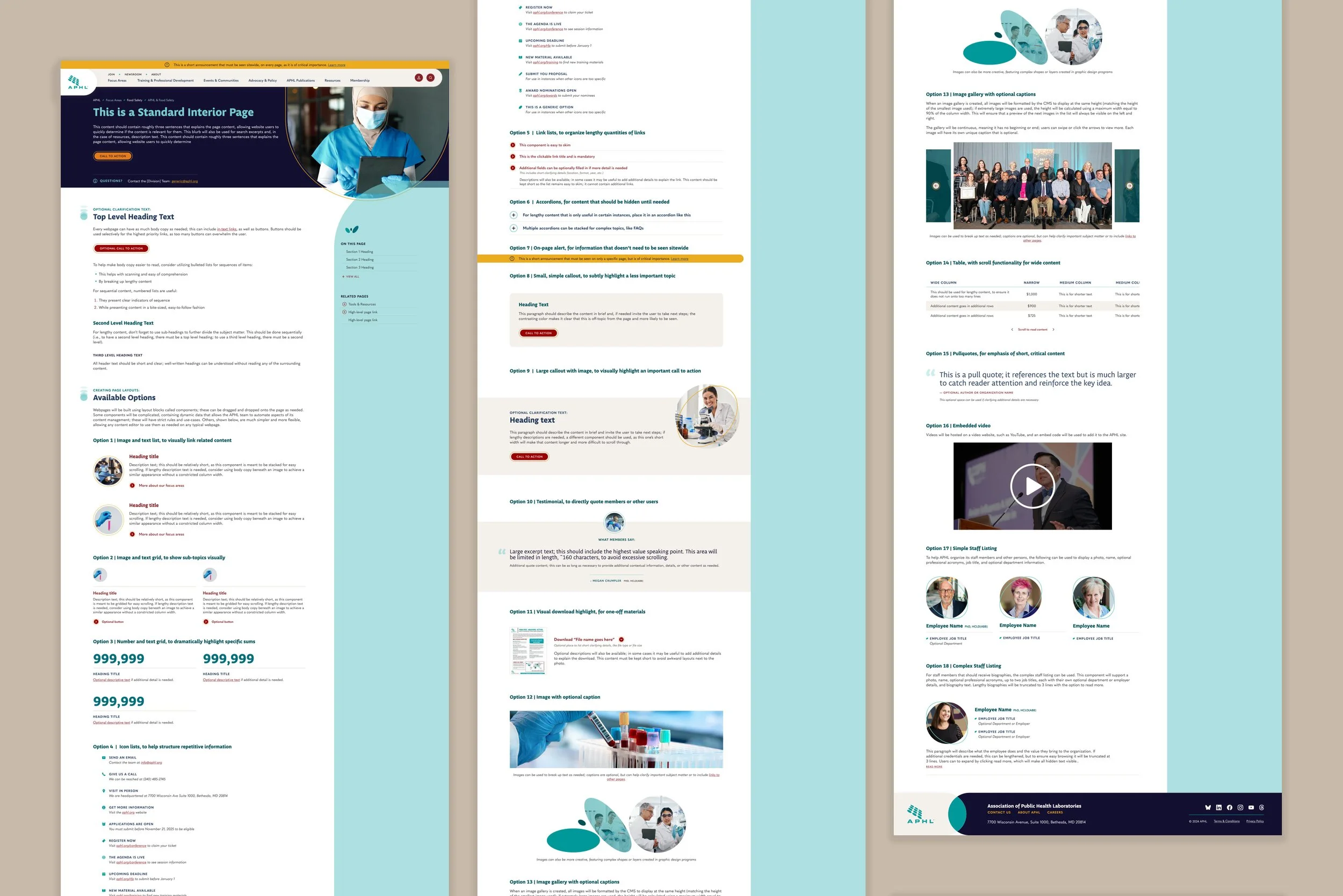 A grid showing all 18 APHL simple content components within the standard interior page template