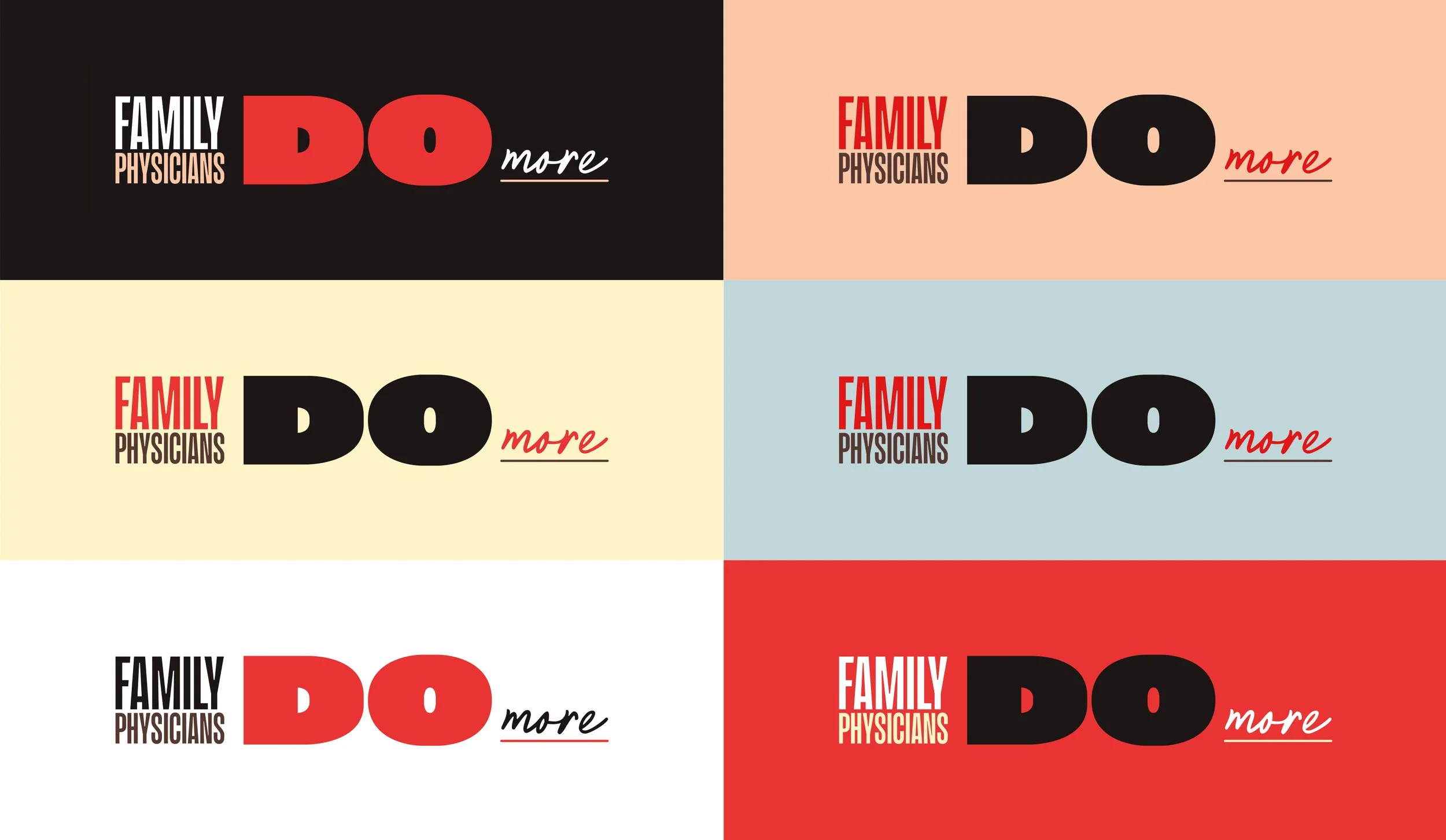 Six variations of the core logo for the "Family Physicians DO More" initiative in six different color schemes.