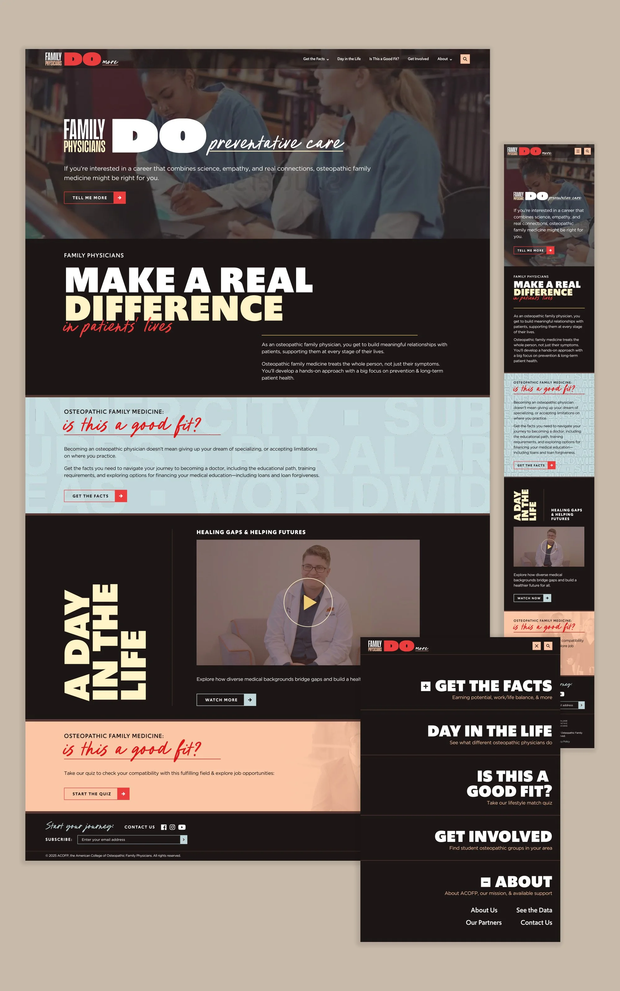 A high-level view of the Family Medicine homepage, shown in desktop and mobile size, as well as the mega menu used on small devices