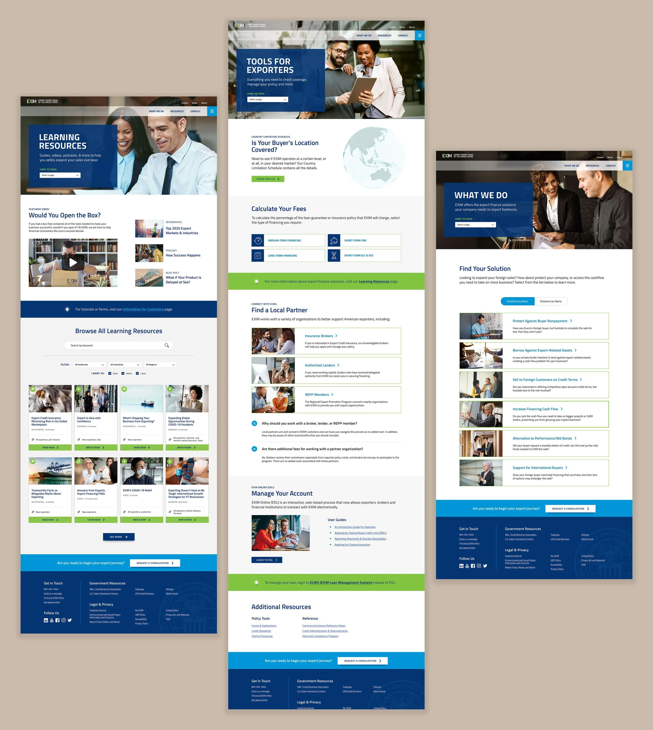 Select sample designs from EXIM's website redesign