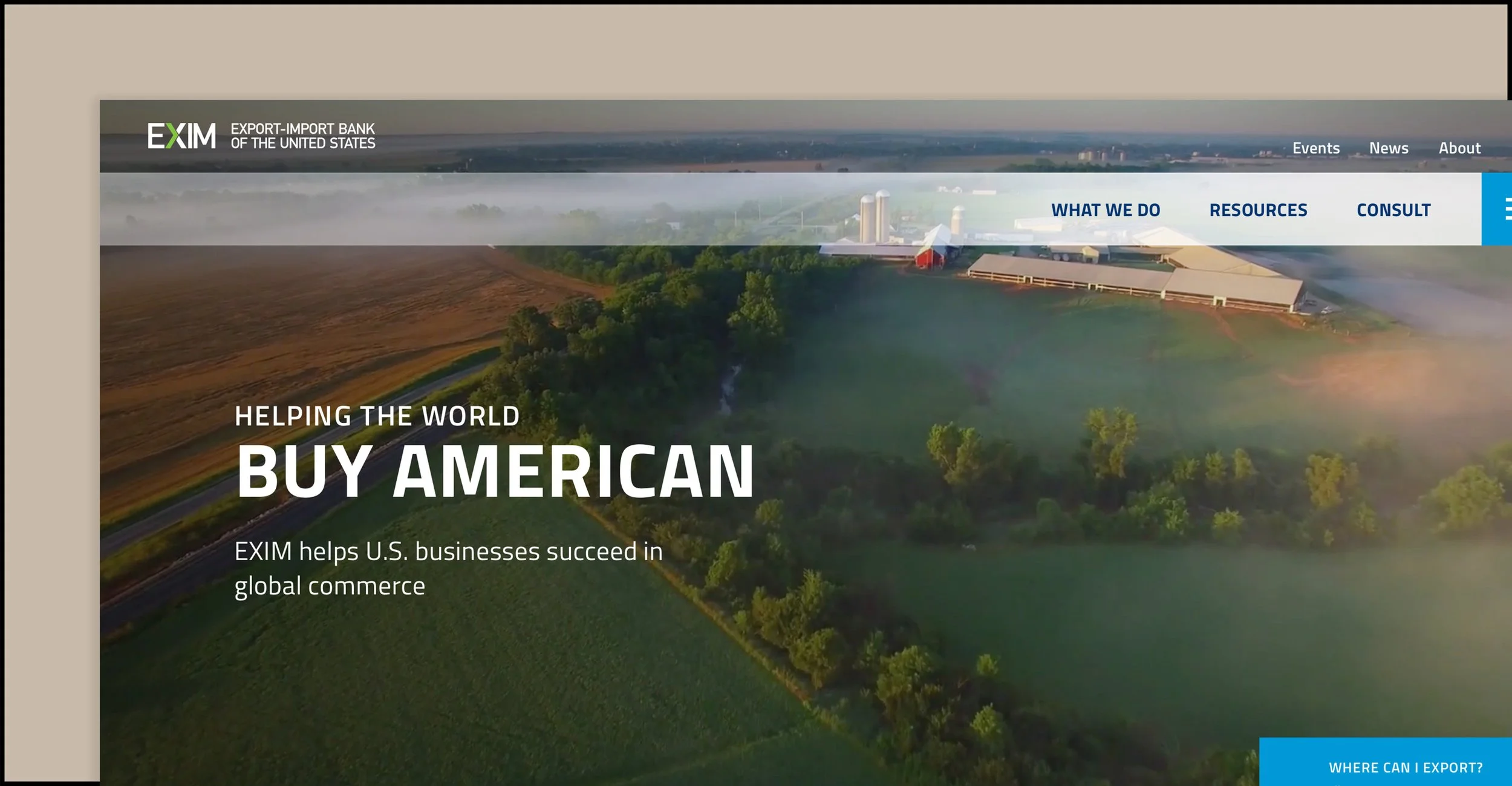 A screenshot of the newly designed EXIM homepage, which utilizes a minimalist aesthetic, expansive white space, and full-bleed images to create an inspirational look & feel.