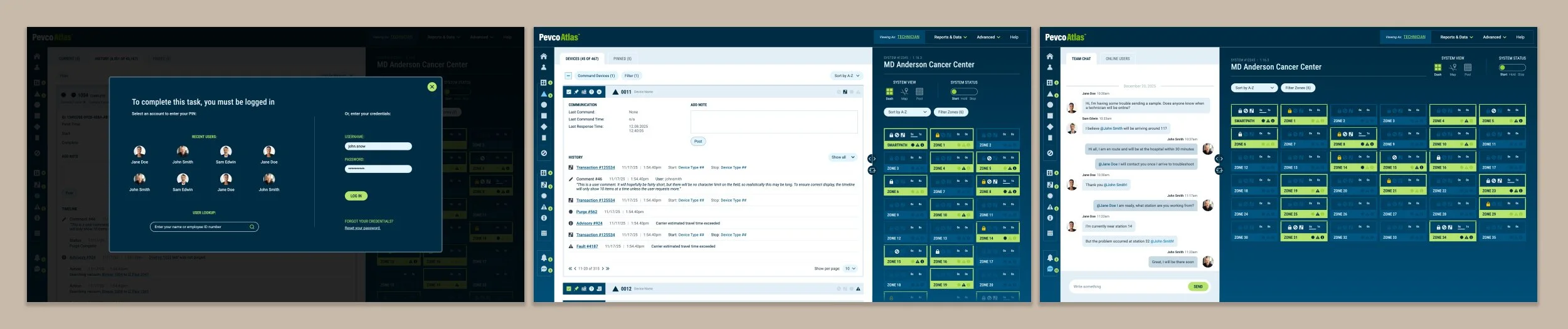 Views of new product features, including login, logs, and chat