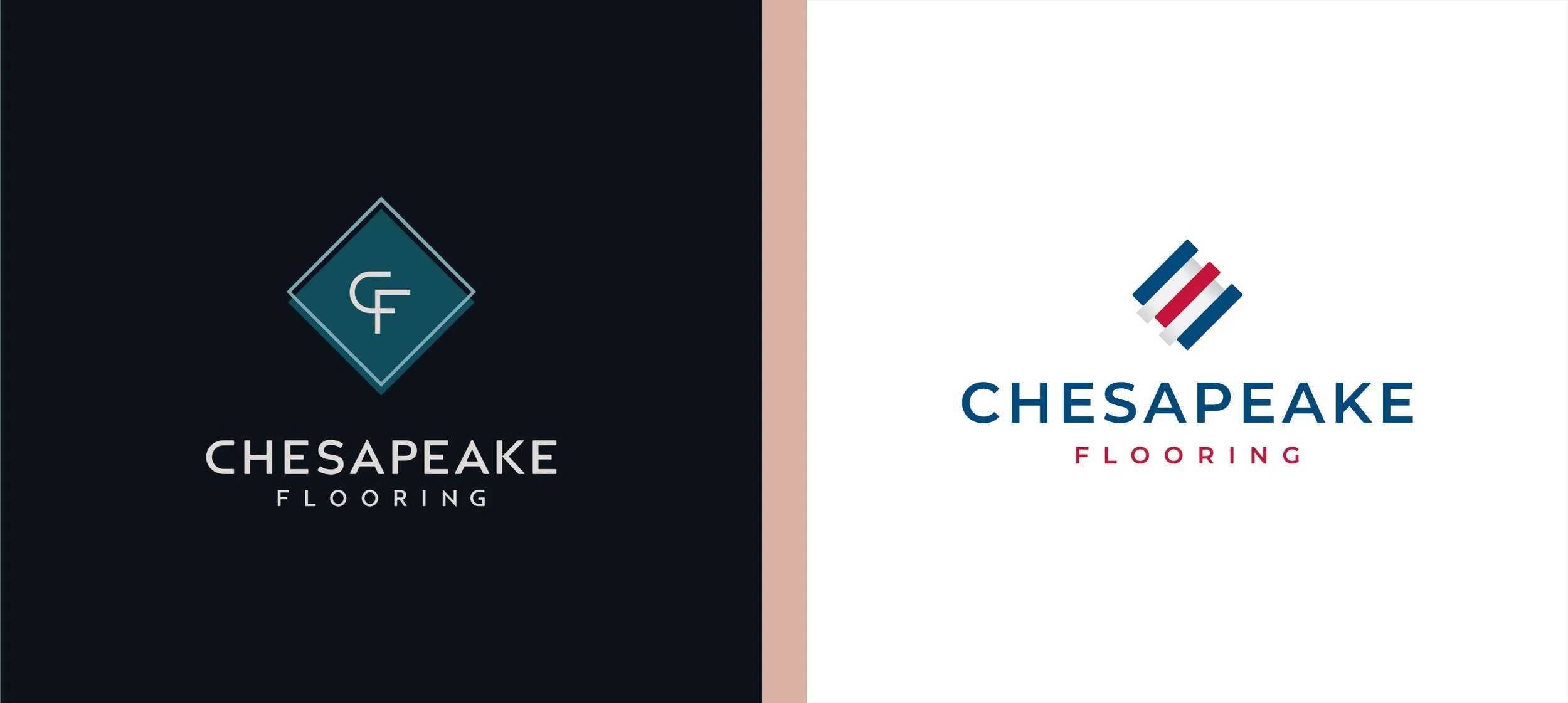 Comparison of two concepts for Chesapeake Flooring. The left would have created a modern and dramatic brand identity; the right, which they ultimately selected, created a soft and traditional design style.