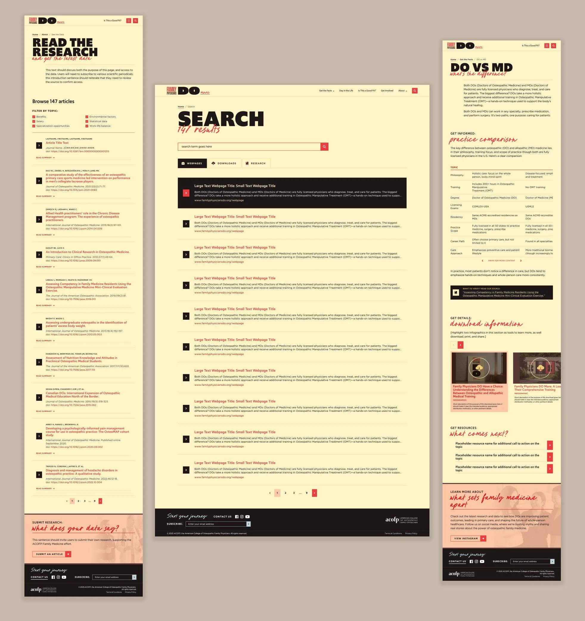 A grouping of webpages from the Family Medicine site, showing a research database, search geared towards research with tabbed content, and a resource component embedded within a content-based page