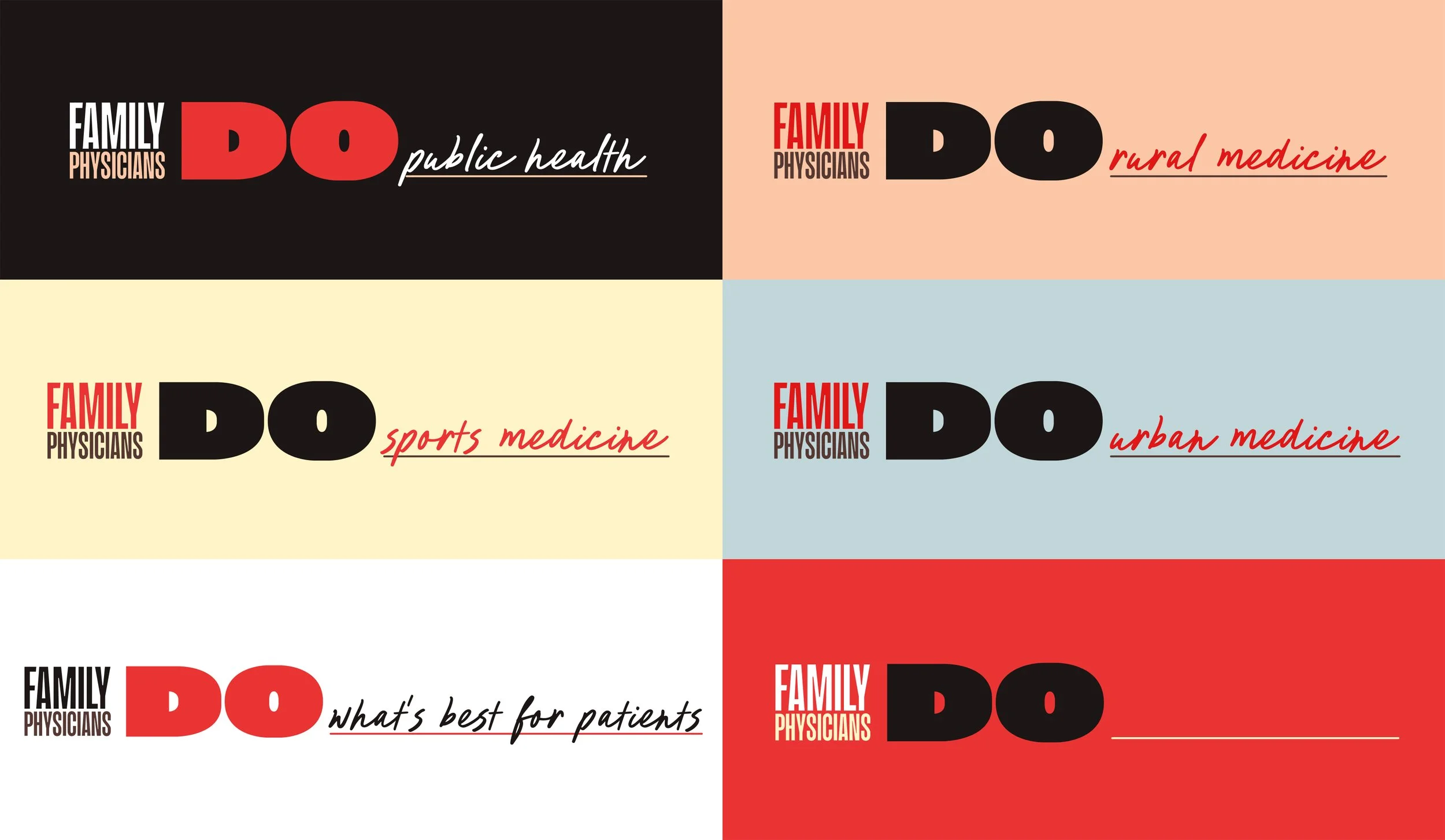 A grid of extended Family Medicine logos with custom script, such as "public health", "sports medicine", etc.