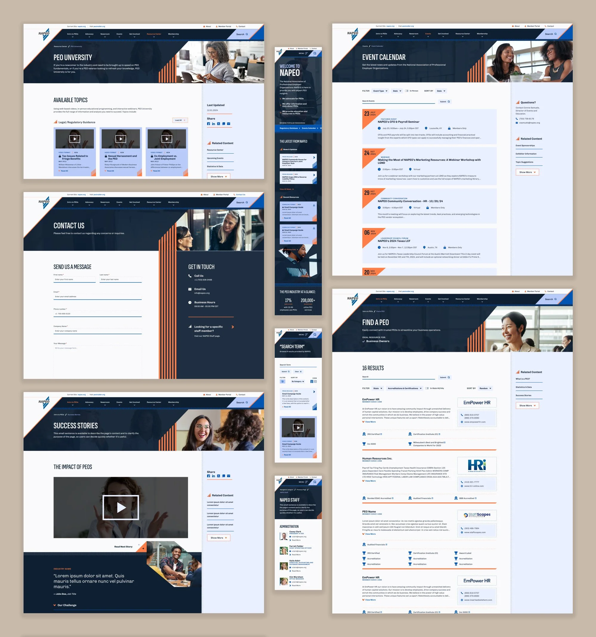 Various views of the NAPEO website, including the PEO university, event calendar, Find a PEO database, and more.