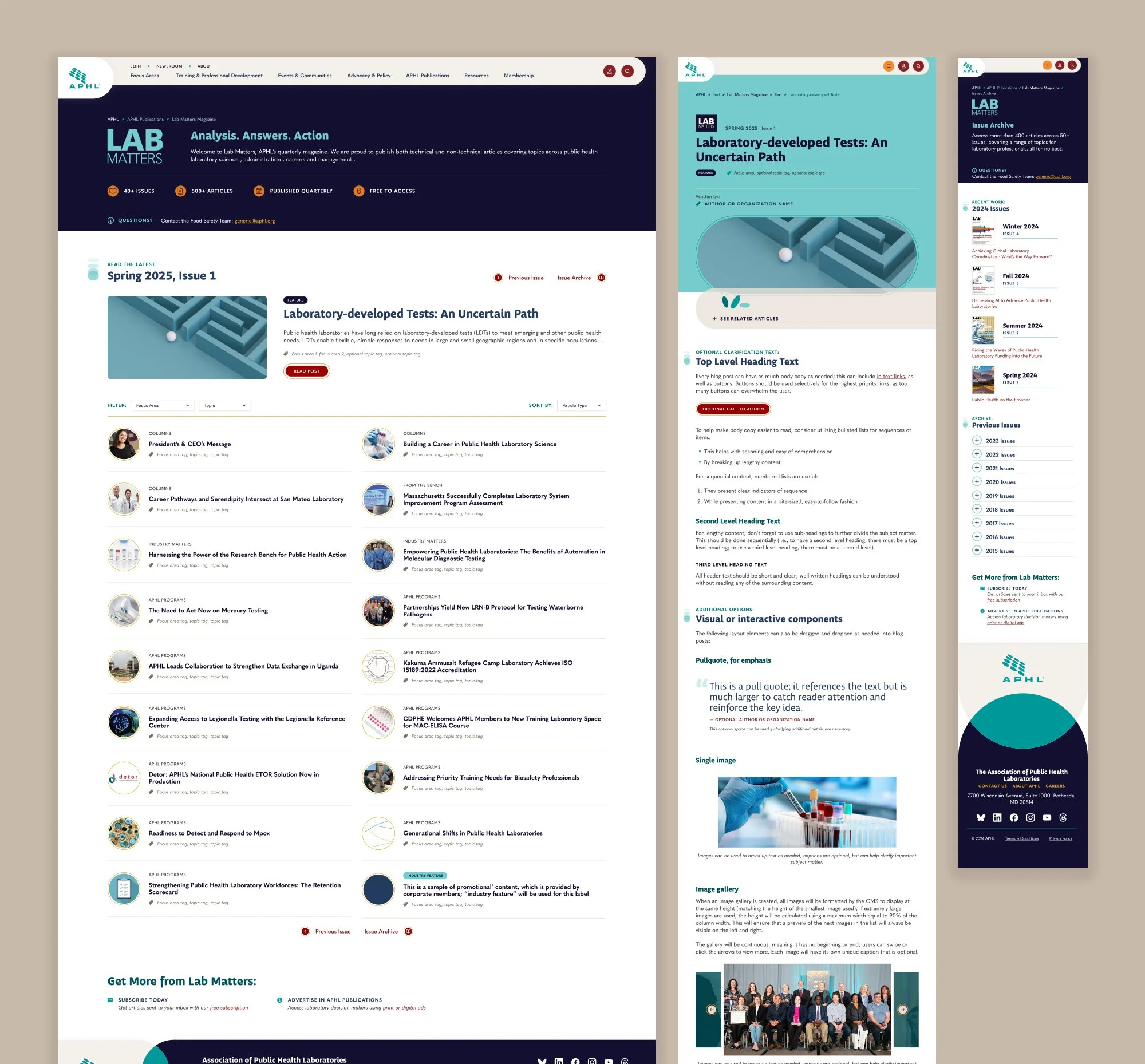A view of the APHL Lab Matters homepage, the featured post template, and the archive page