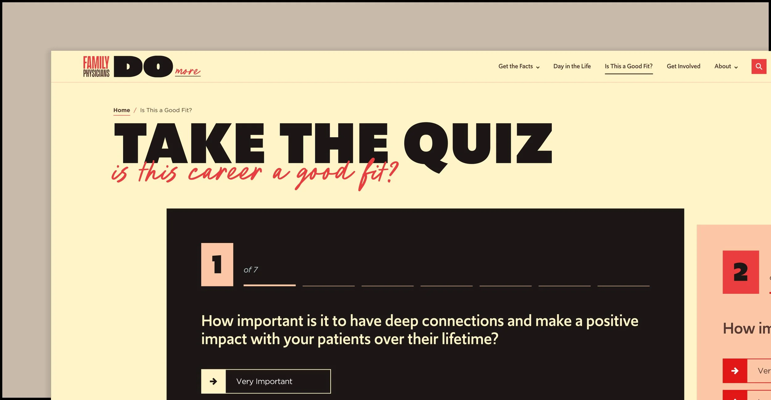 A screenshot of the newly designed Family Physicians DO More website homepage, which features large and blocky elements in high-contrast colors to create an eye-catching & dramatic look and feel.