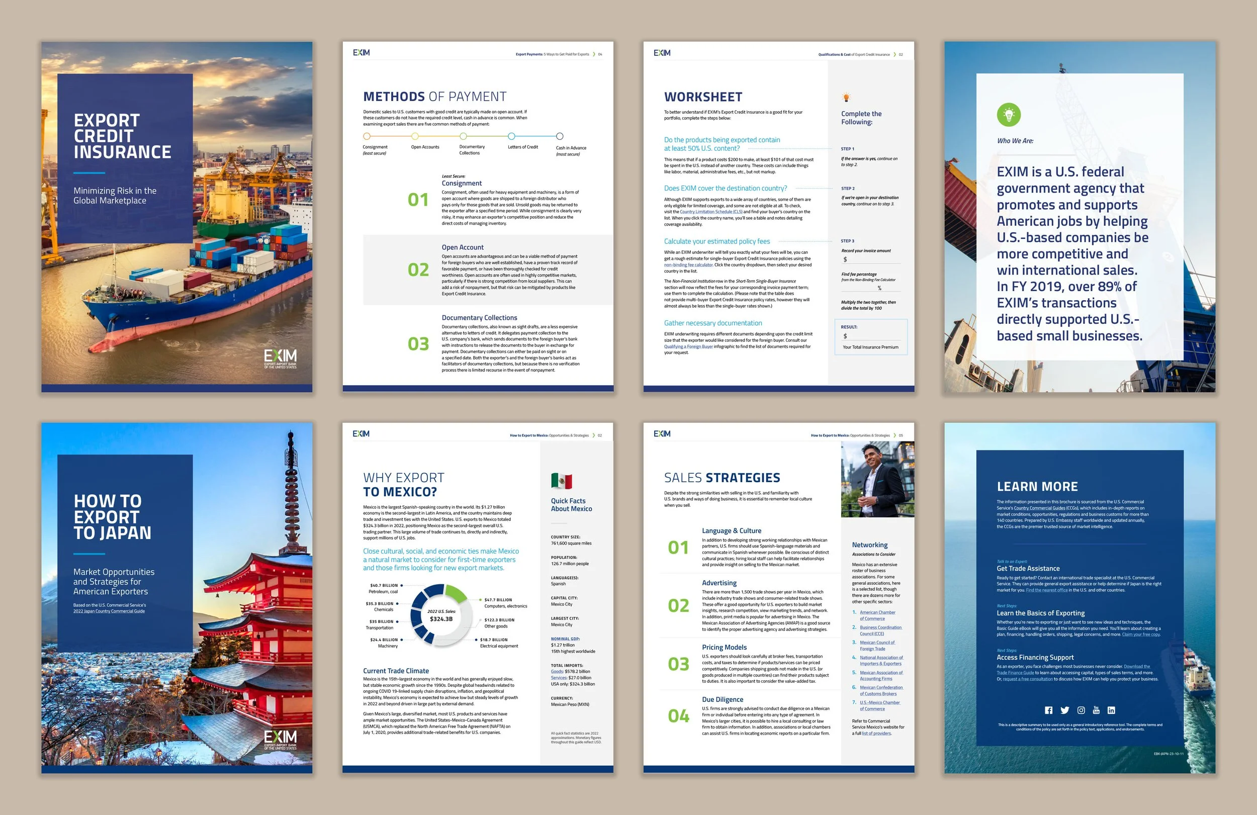 A grid of pages taken from various EXIM whitepapers and brochures