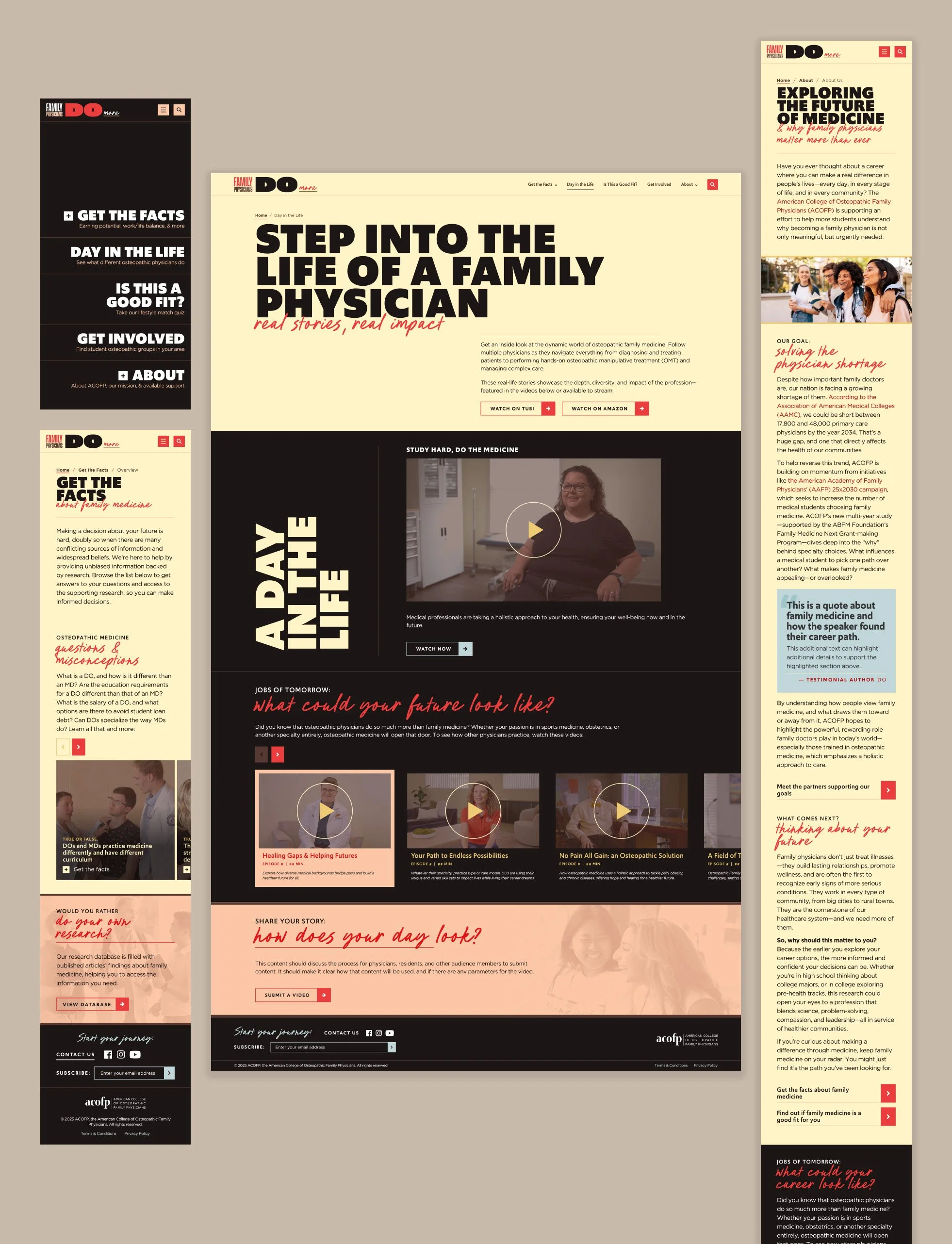 A grouping of webpages from the Family Medicine site, showing video content and short content in various components