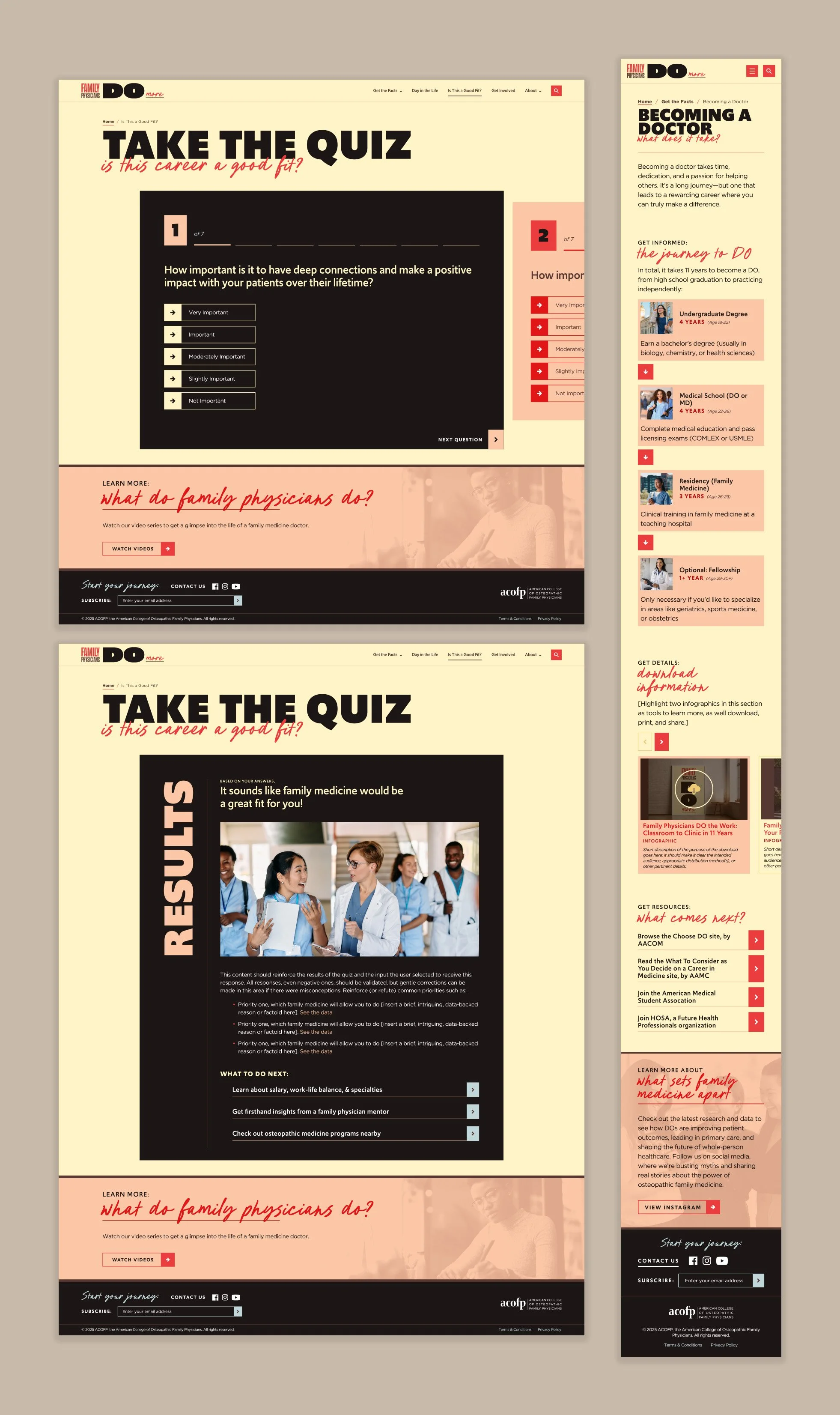 A grouping of webpages from the Family Medicine site, showing an interactive quiz and short chunks of content
