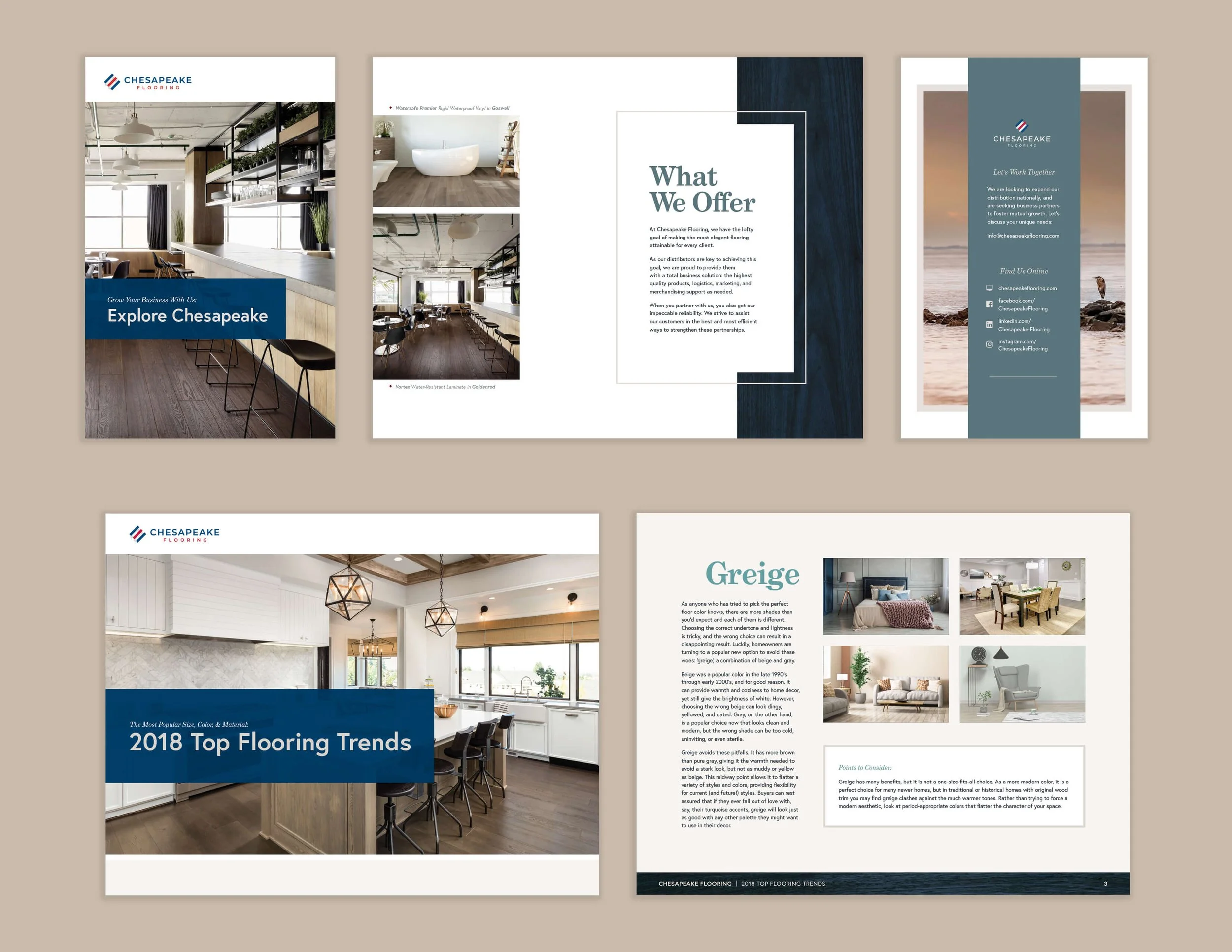 Print materials for Chesapeake Flooring, including a product brochure and leadgen download