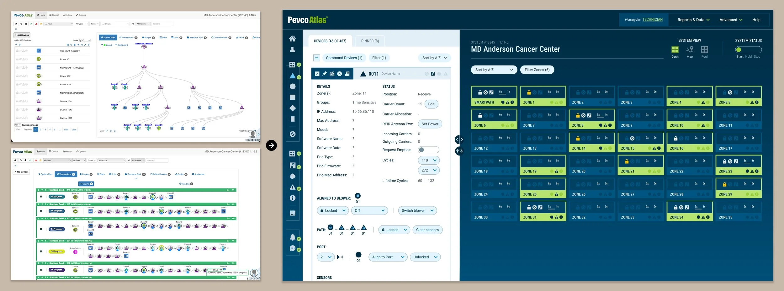 A grid comparing Pevco's original overwhelming UI with the redesigned UI