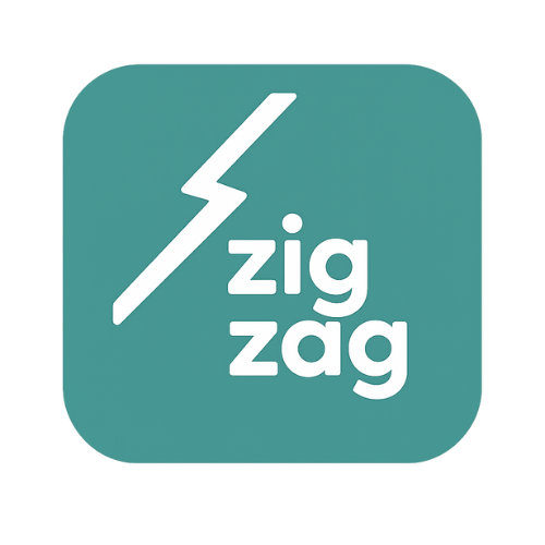 App icon with a white zigzag lightning bolt and the words 'zig zag' on a teal background.