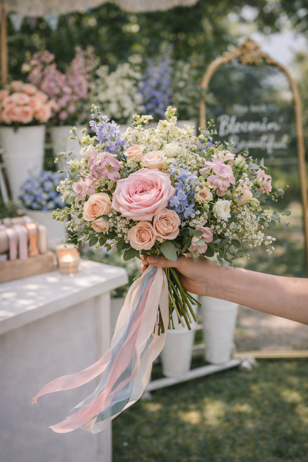 Hand holding a bouquet of pink, white, and purple flowers at an outdoor event with floral decorations and a chalkboard sign in the background.
