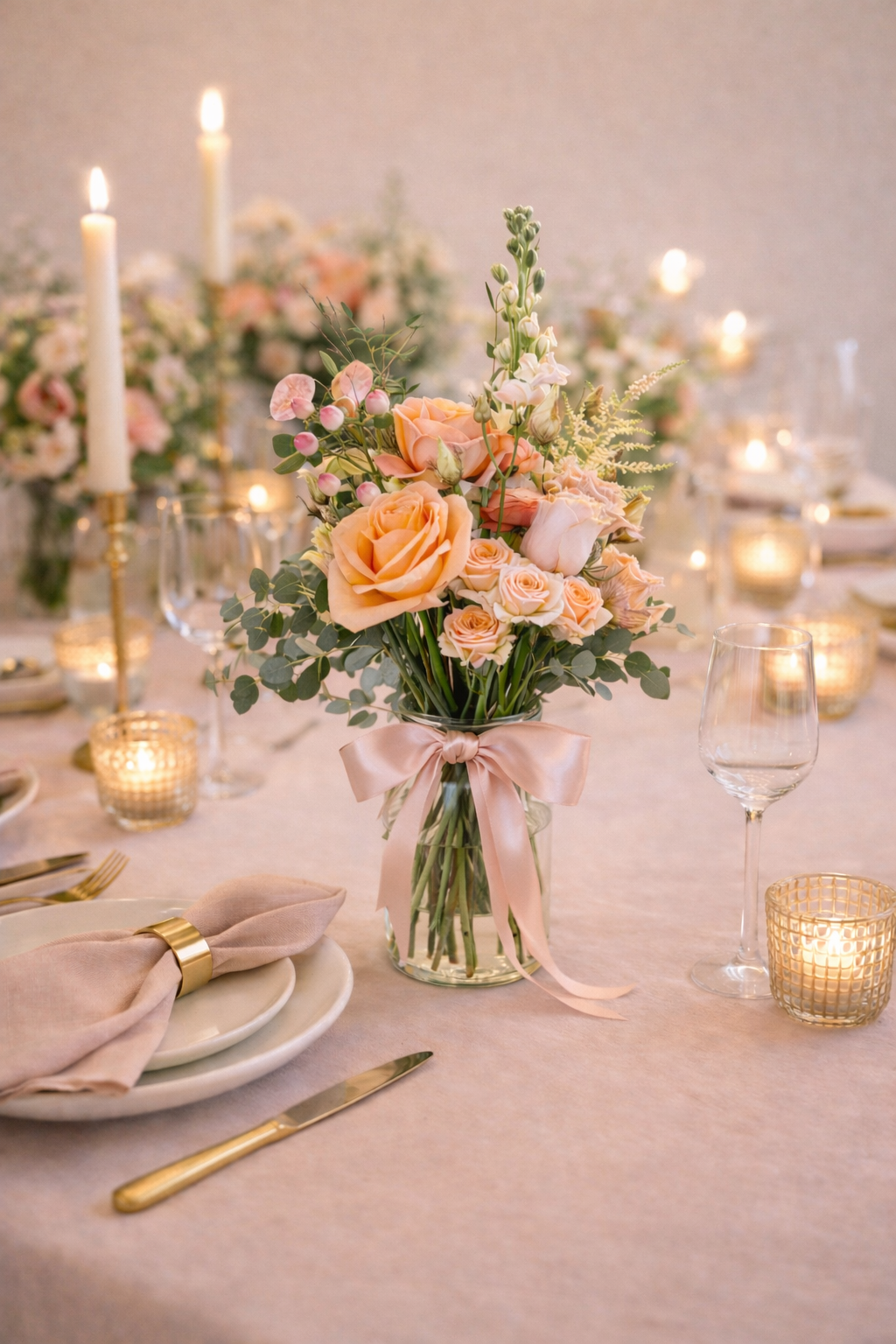 Elegant wedding table centerpiece with blush pink roses, peonies, and greenery in a glass vase with a pink satin ribbon, surrounded by candles and table settings.