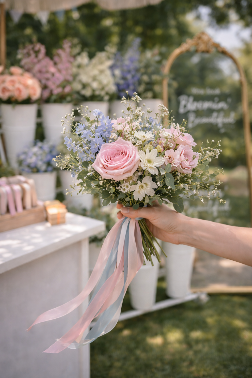 A hand holding a bouquet of pink, white, and blue flowers with ribbons at an outdoor flower shop or wedding setup.