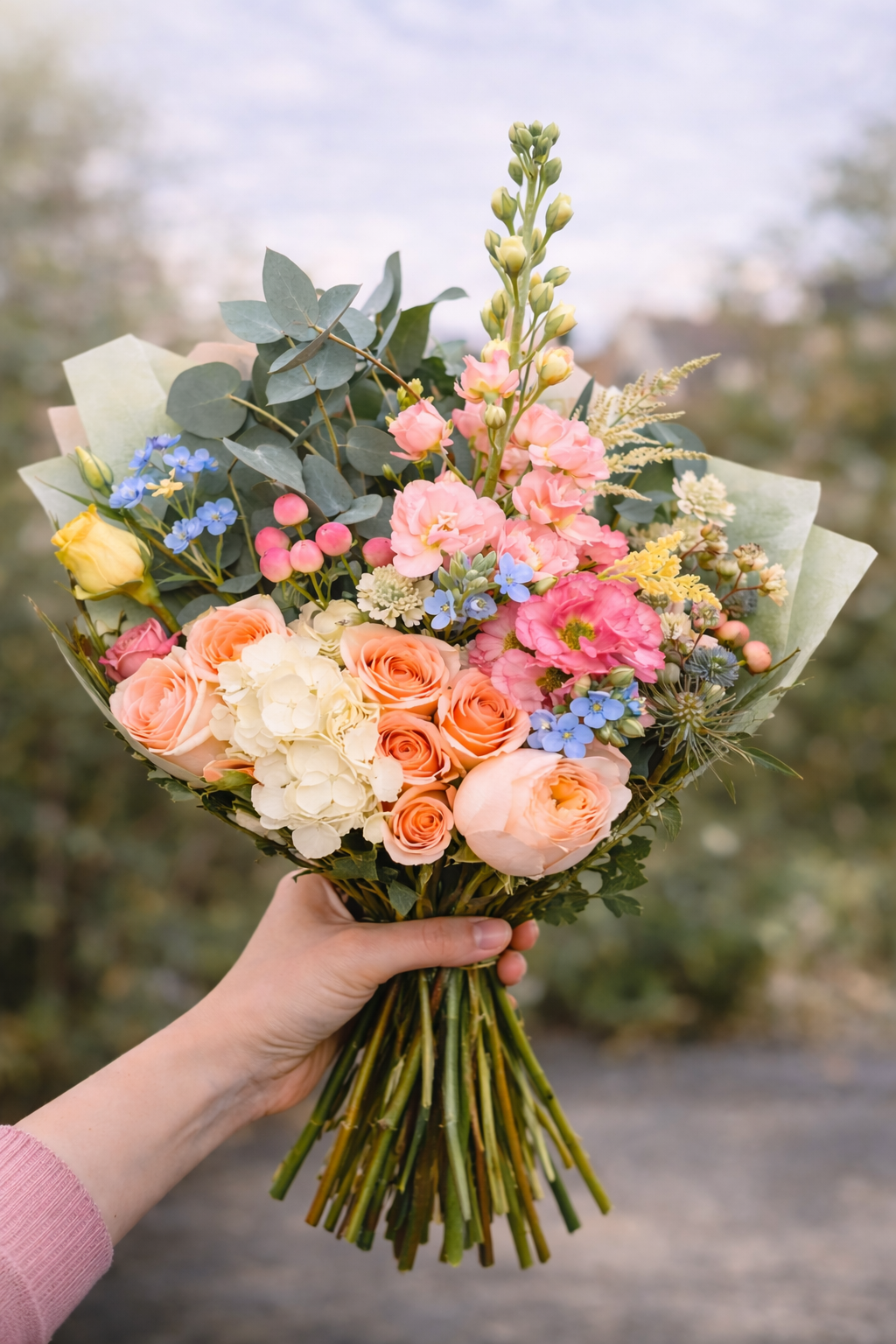 A hand holding a colorful bouquet of flowers including roses, hydrangeas, small blue flowers, and various greenery against a blurred outdoor background.
