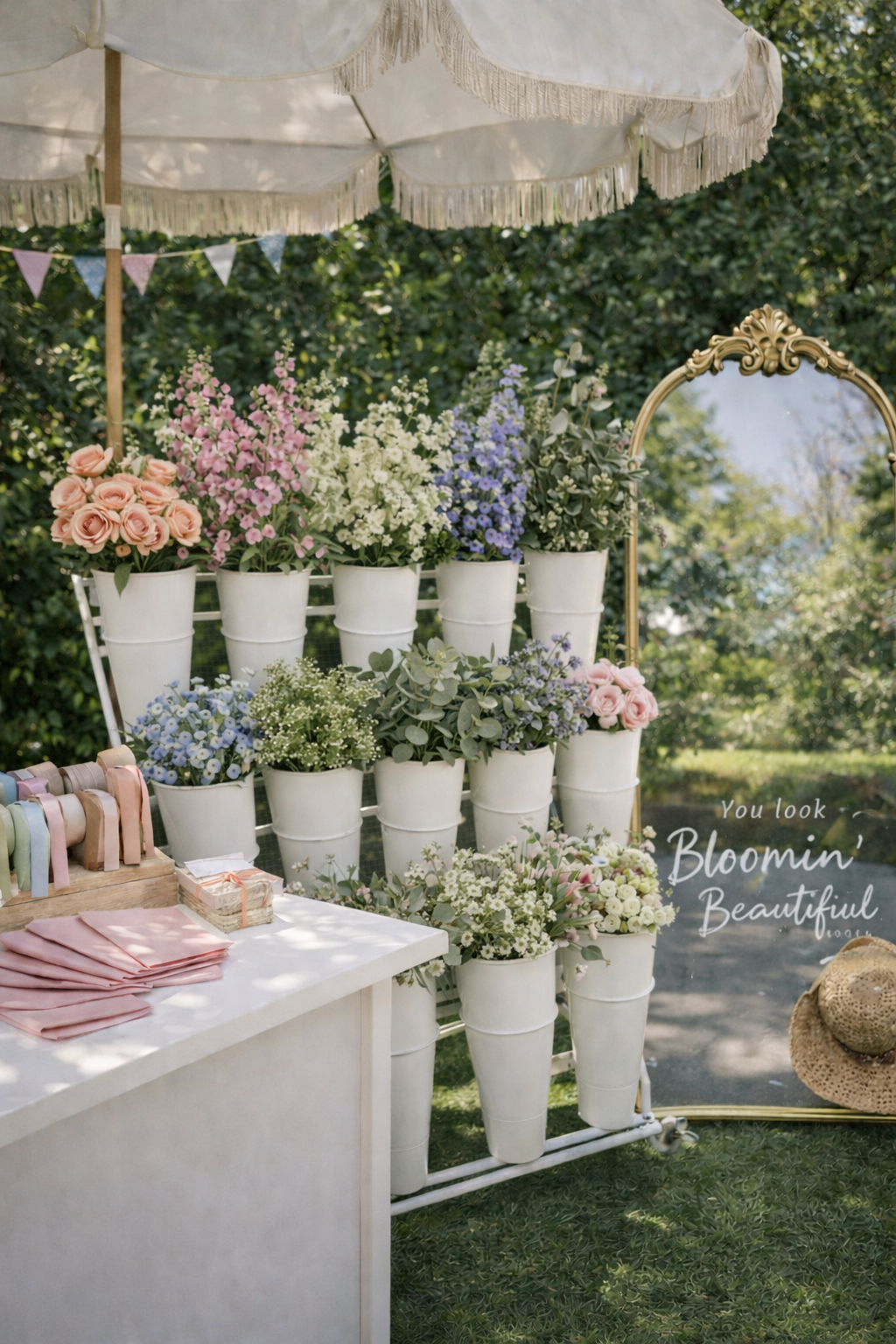 Display of pastel-colored flowers in white pots under a white fringed umbrella at a garden or outdoor market, with a mirror and a sign that reads 'You look Bloomin' Beautiful'.