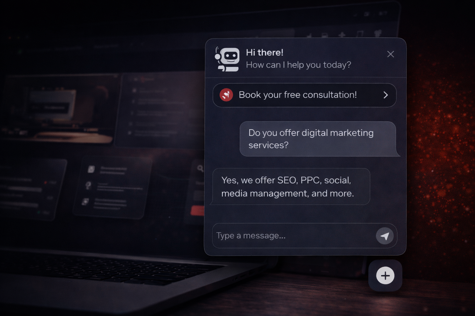 Chatbot interface on a computer screen offering digital marketing services, including SEO, PPC, social media, and media management.