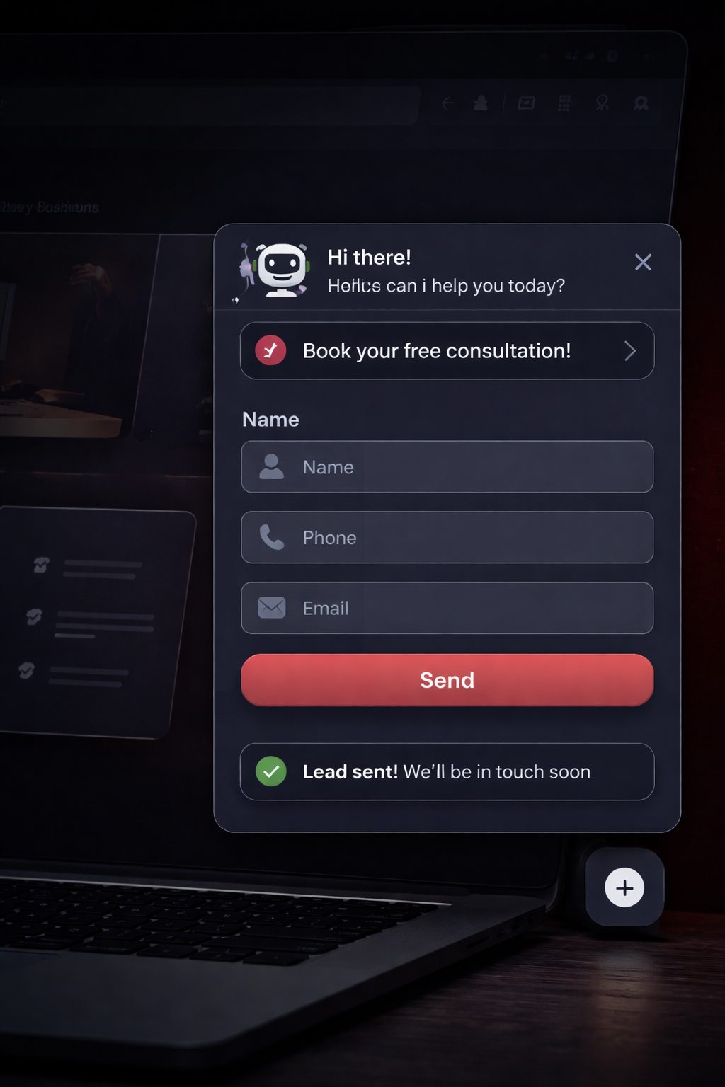 A digital form pop-up on a laptop screen invites users to book a free consultation, asking for their name, phone, and email, with a send button and a confirmation message saying lead sent.
