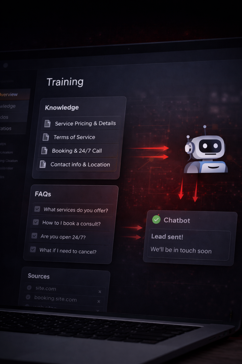 Laptop screen displaying a training interface with knowledge articles, FAQs, and a chatbot notification.