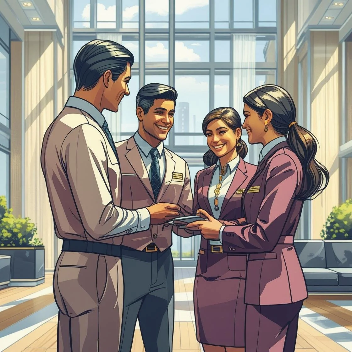 Group of hospitality professionals standing together in a hotel lobby, collaborating and reviewing guest service details