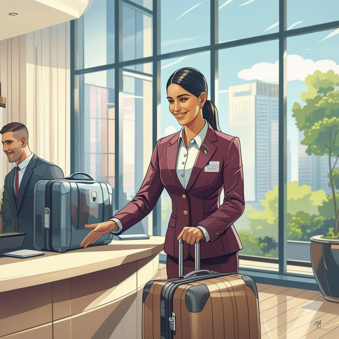 Hotel front desk staff member welcoming a guest with luggage at the reception counter in a modern lobby