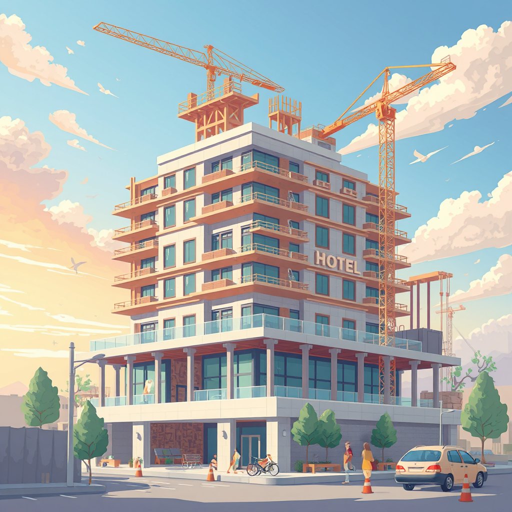 Illustration of a hotel under construction with cranes, representing building and designing modern hospitality systems