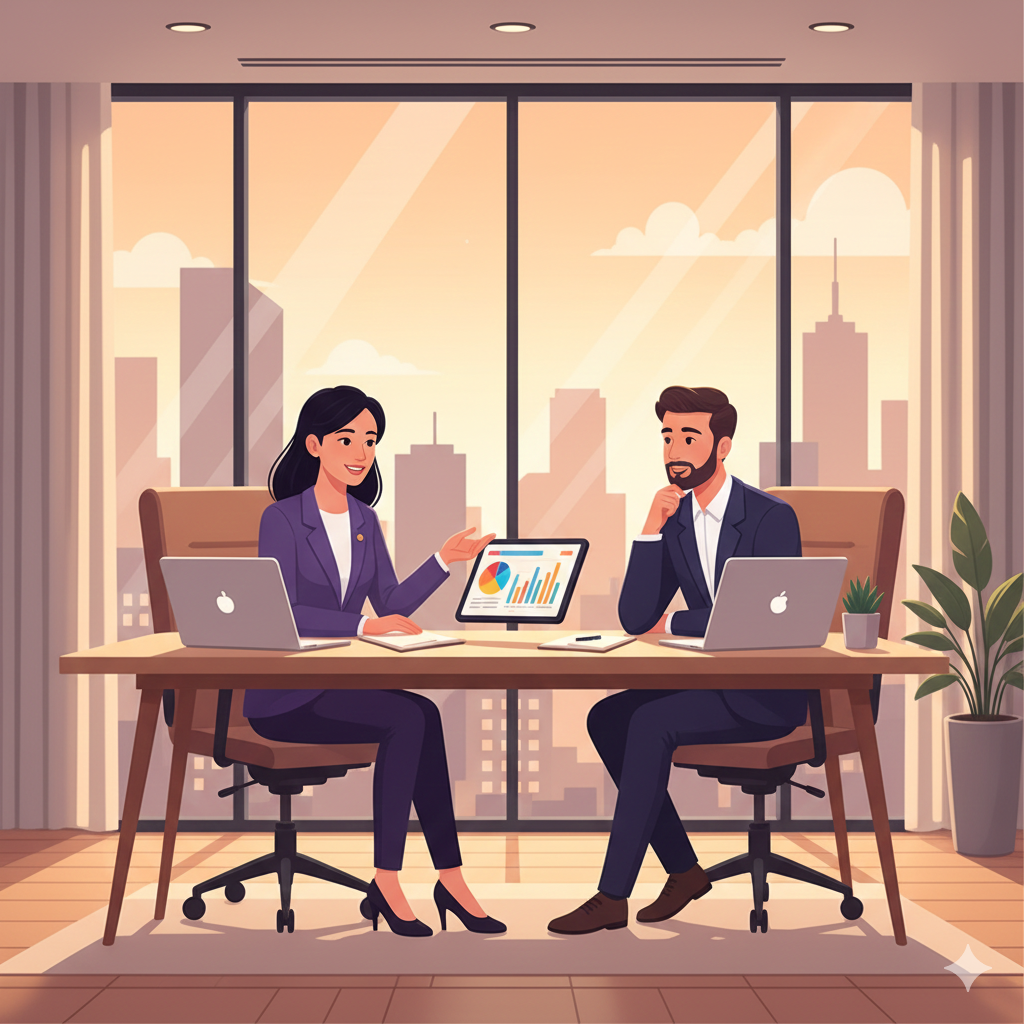 Team discussing professional communication decisions in a modern office setting