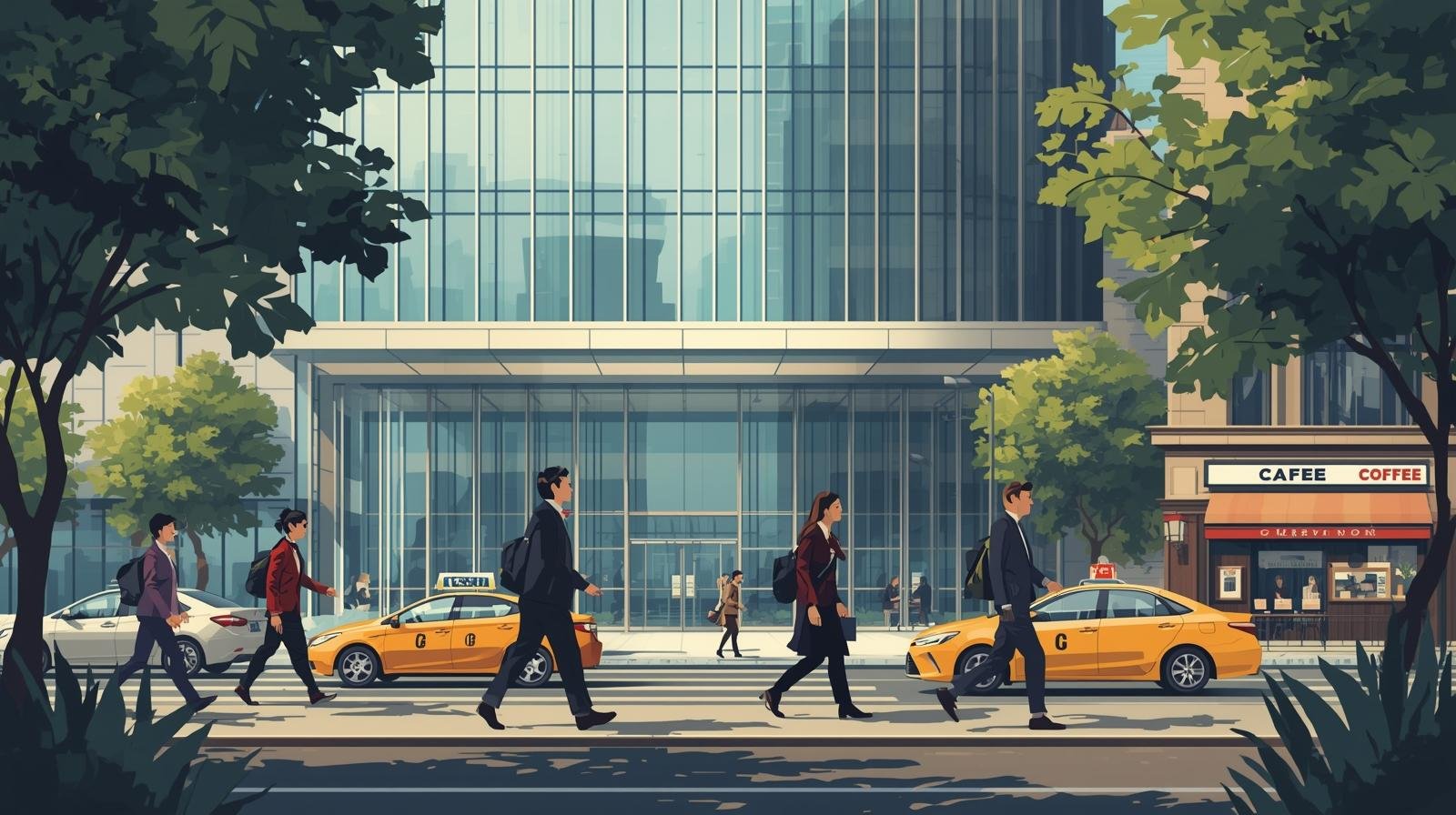 People walking across a city street with yellow taxis and a modern glass building in the background.