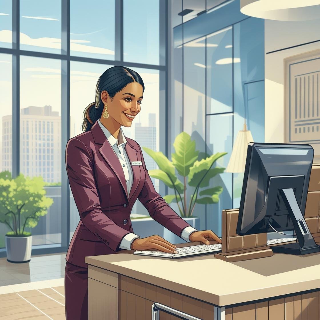 Hotel team member working at a front desk computer, focused on guest check-in and service coordination