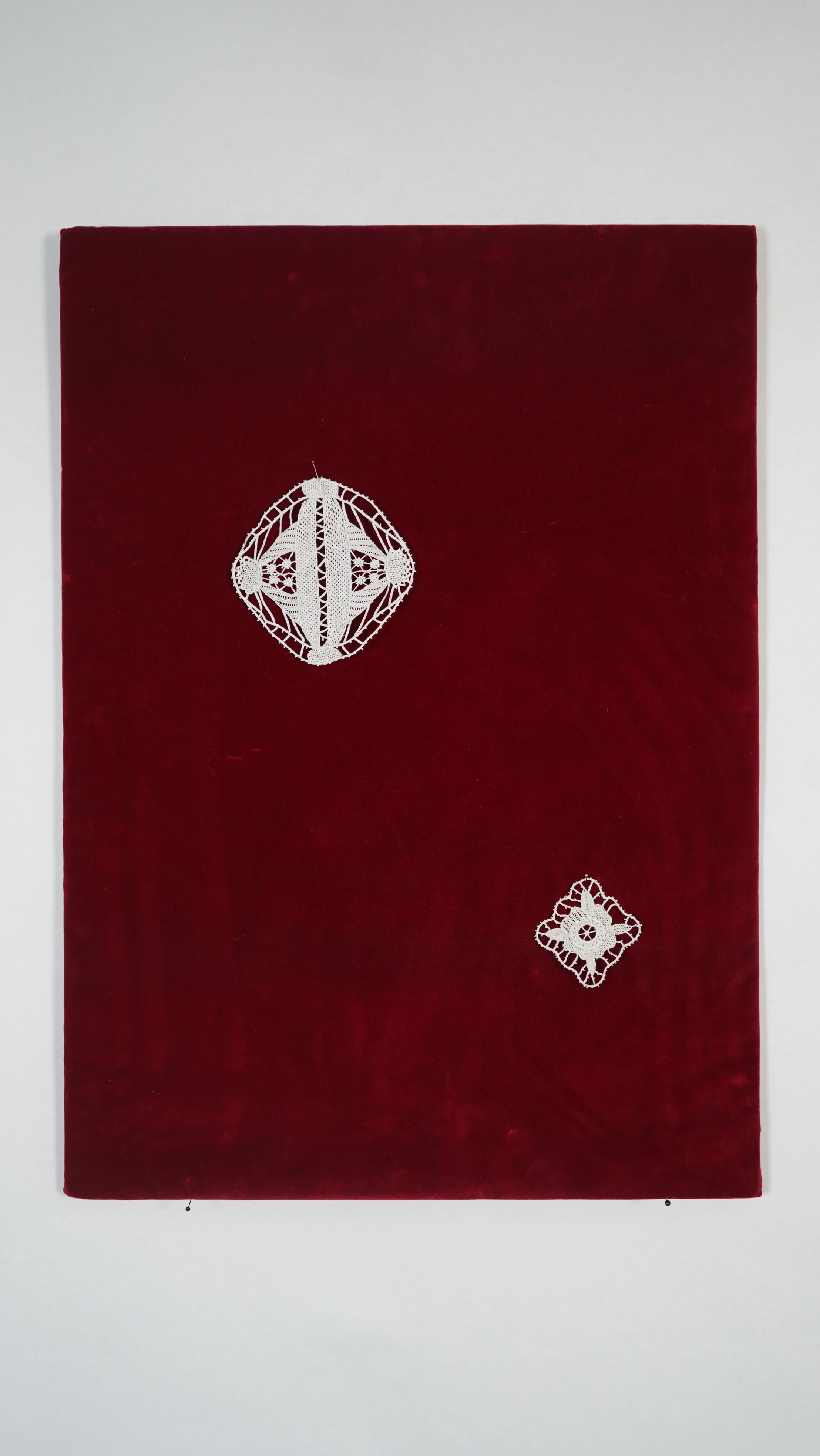 Ex-voto, handmade needlelace, red velvet. 70 x 100 cm, 2026