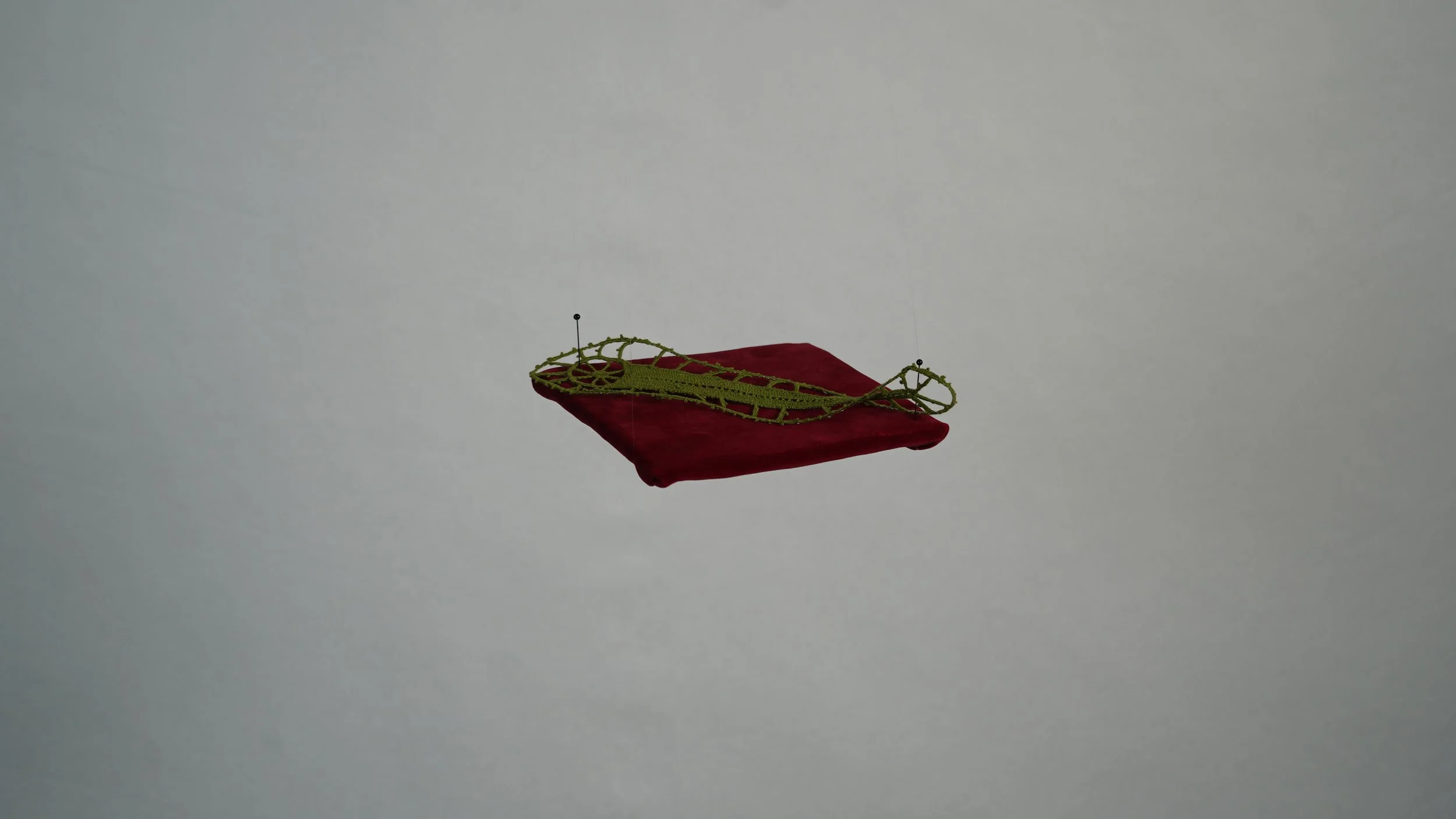 Reperto, needle handmade lace, red velvet, pins, bait thread, 16 x 18 cm, 2026