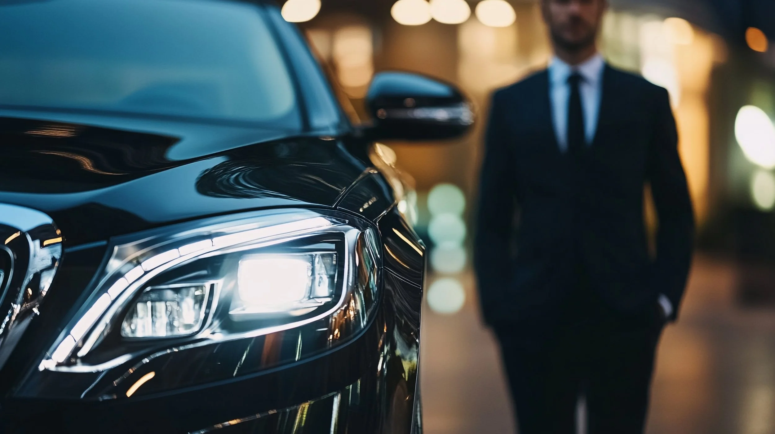 Close-up of a black luxury car's headlight with a man in a suit walking in the background, blurred out.