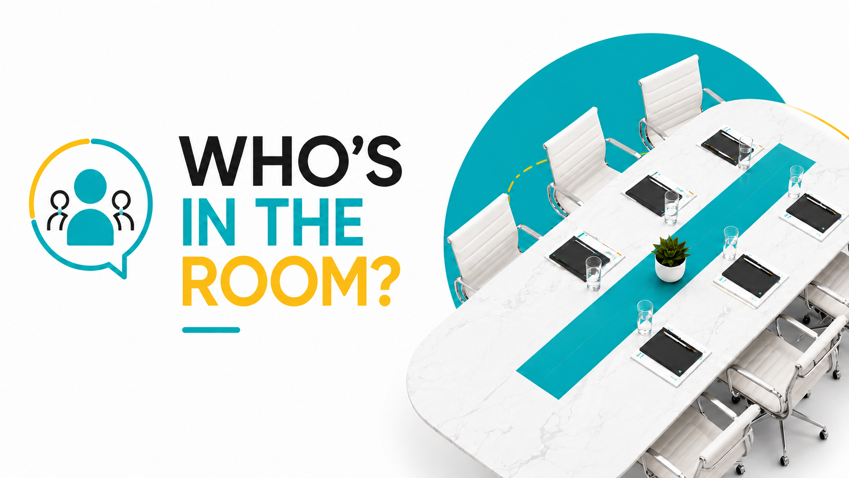 Who’s in the Room? executive meeting planning tool featuring a modern conference table prepared with chairs, notebooks and meeting materials.