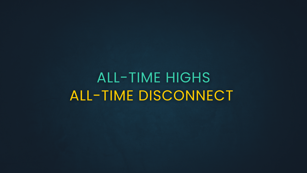 A rising stock market reaching all-time highs overlaid against a blurred backdrop of geopolitical conflict, symbolizing the disconnect between financial markets and global instability.